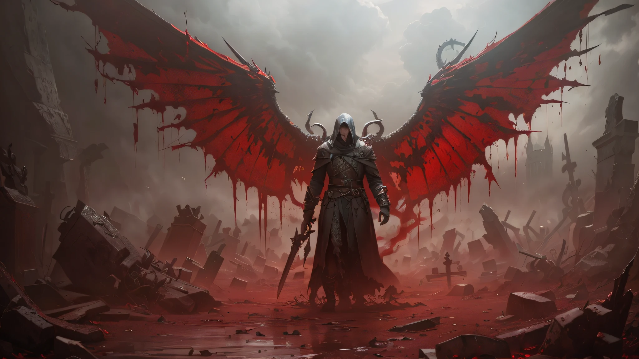 a dark and eerie scene(best quality, highres): a necromancer with blood-stained wings stands in a graveyard surrounded by tombstones and mist. The necromancer's eyes glow with a sinister red light, and their lips are pale and cracked. The graveyard is illuminated by a cold, pale moonlight, casting long shadows on the cracked earth. The necromancer's wings are tattered and torn, with dried blood seeping from the feathers. The atmosphere is filled with an aura of death and decay, heightened by the sound of crows cawing in the distance. The necromancer raises their arms, summoning ghastly spirits from the graves, their dark magic intertwining with the air. The scene is rendered in a realistic and photorealistic style, with rich and vivid colors. The overall tone of the image is dark and ominous, with deep shadows and subtle highlights creating a sense of depth and mystery.