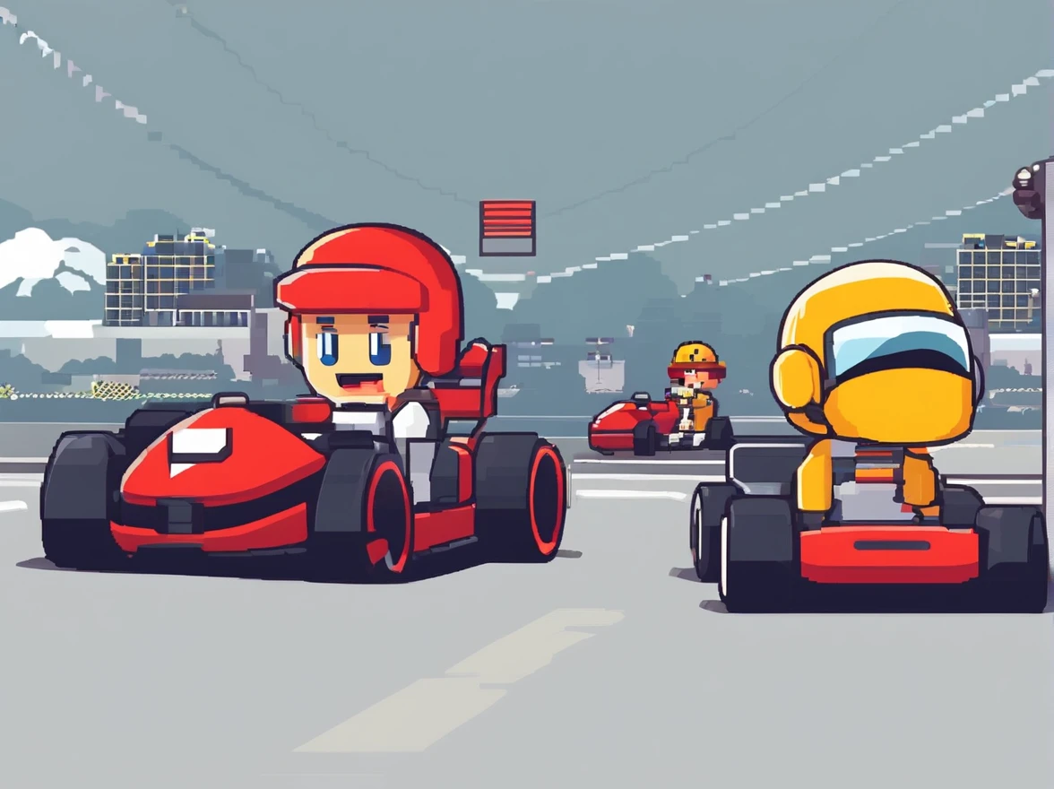 Three cartoon characters are walking on a track with helmets, Nova corrida de IA, Alien racing drivers, f 1, race, helmet instead of a head, helmet is off, Pilotos, Ferrari, formula 1, Carros de F1 desfocados no fundo, 🔞🤡, 🐋 as 🐘 as 🤖 as 👽 as 🐳, Official modern animation, cognitohazard