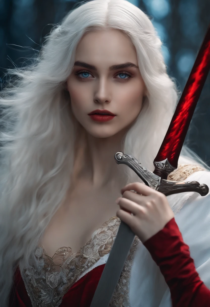 Kiana Kaslanna,A girl with long white hair,8K,Delicate girl,Holding a red big sword,blue colored eyes,White clothes