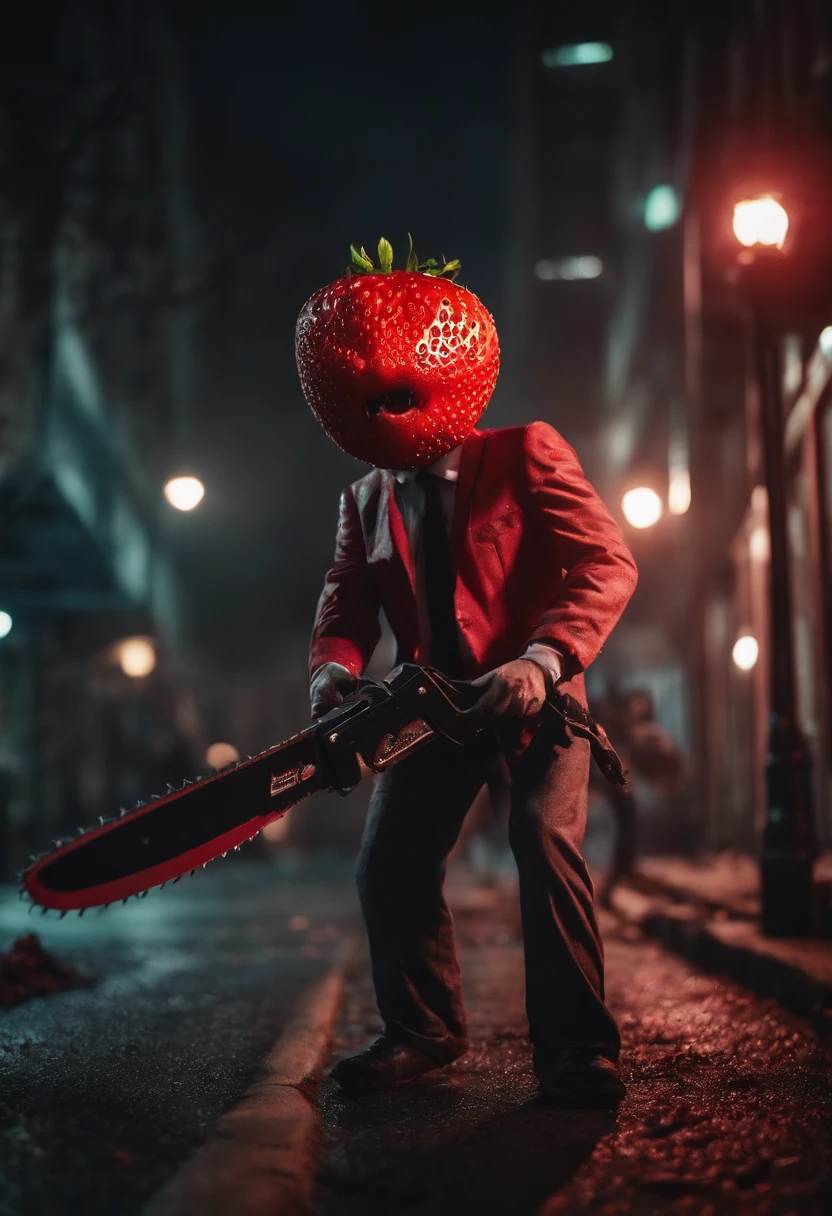 An Anime masterpiece a Humanoid Strawberry with a Psycho face, Holding a Chainsaw, Fighting Humanoid Zombie Fruits in a City at night, HD , Cinematic, terror, horror, Blood