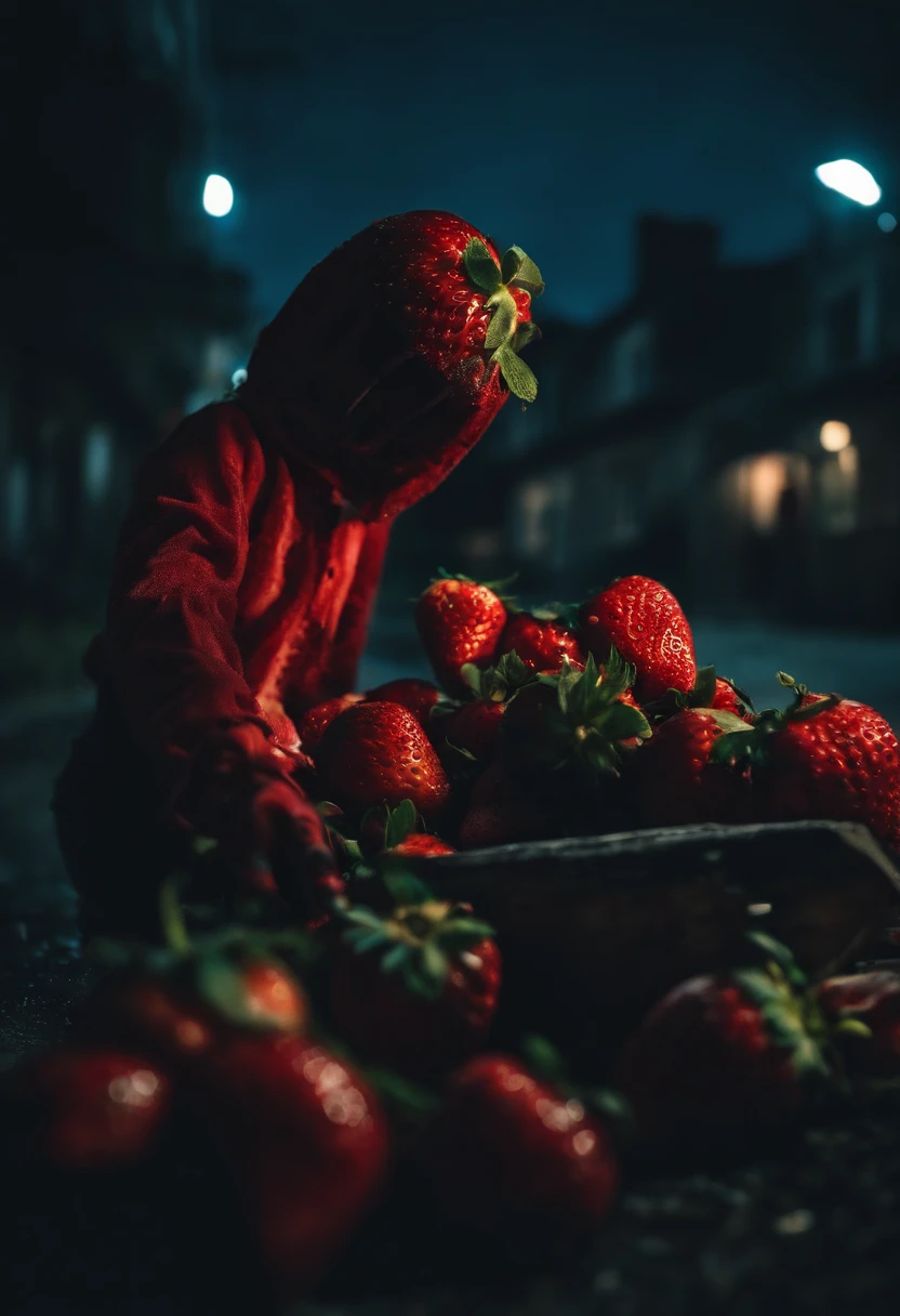 An Anime masterpiece a Humanoid Strawberry with a Psycho face, Holding a Chainsaw, Fighting Humanoid Zombie Fruits in a City at night, HD , Cinematic, terror, horror, Blood