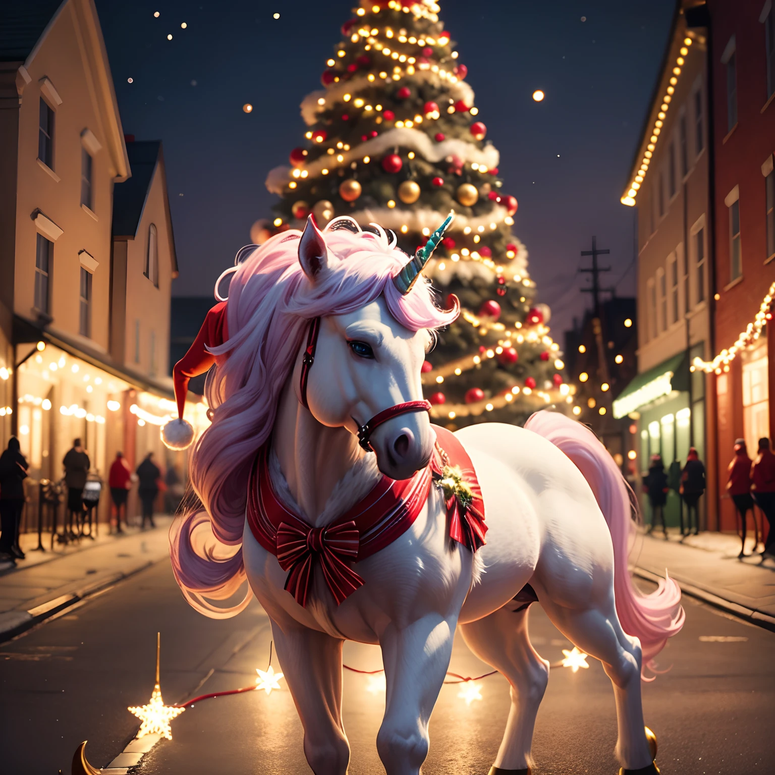 cartoon unicorns tangled in Christmas Lights and wearing Santa hats