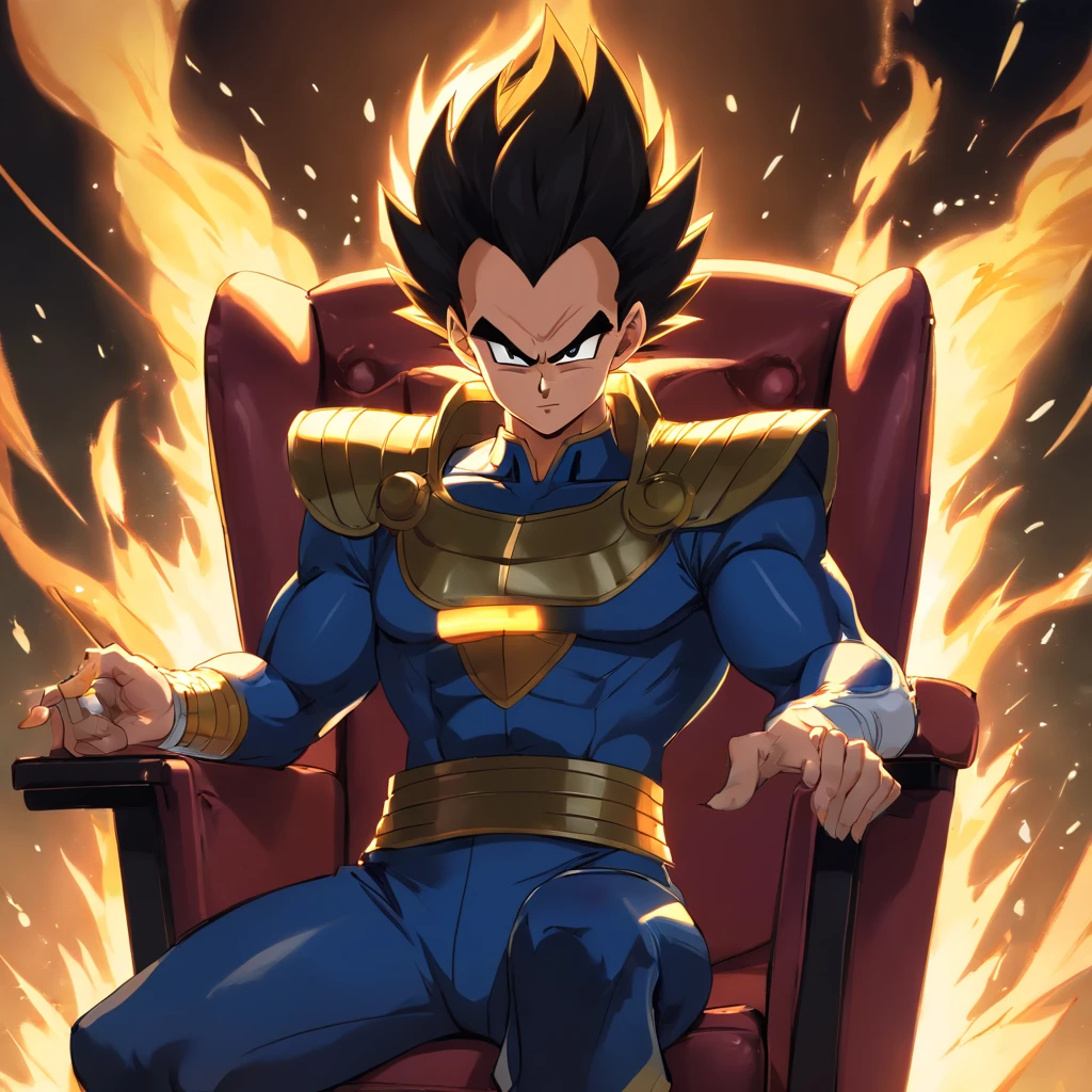 Vegeta usando um terno preto com um cigarro na boca, sitting in a chair that highlights your power and influence, masculino, Dragon ball