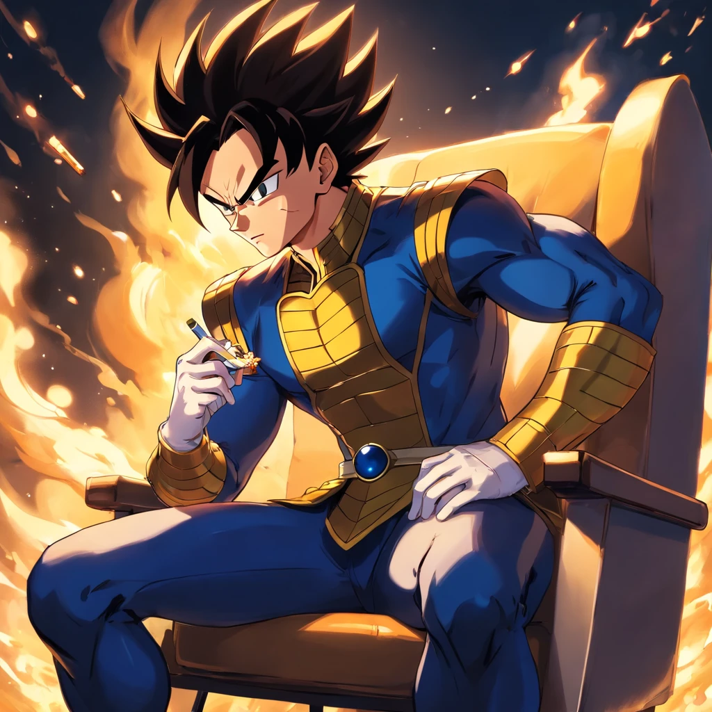 Vegeta usando um terno preto com um cigarro na boca, sitting in a chair that highlights your power and influence, masculino, Dragon ball