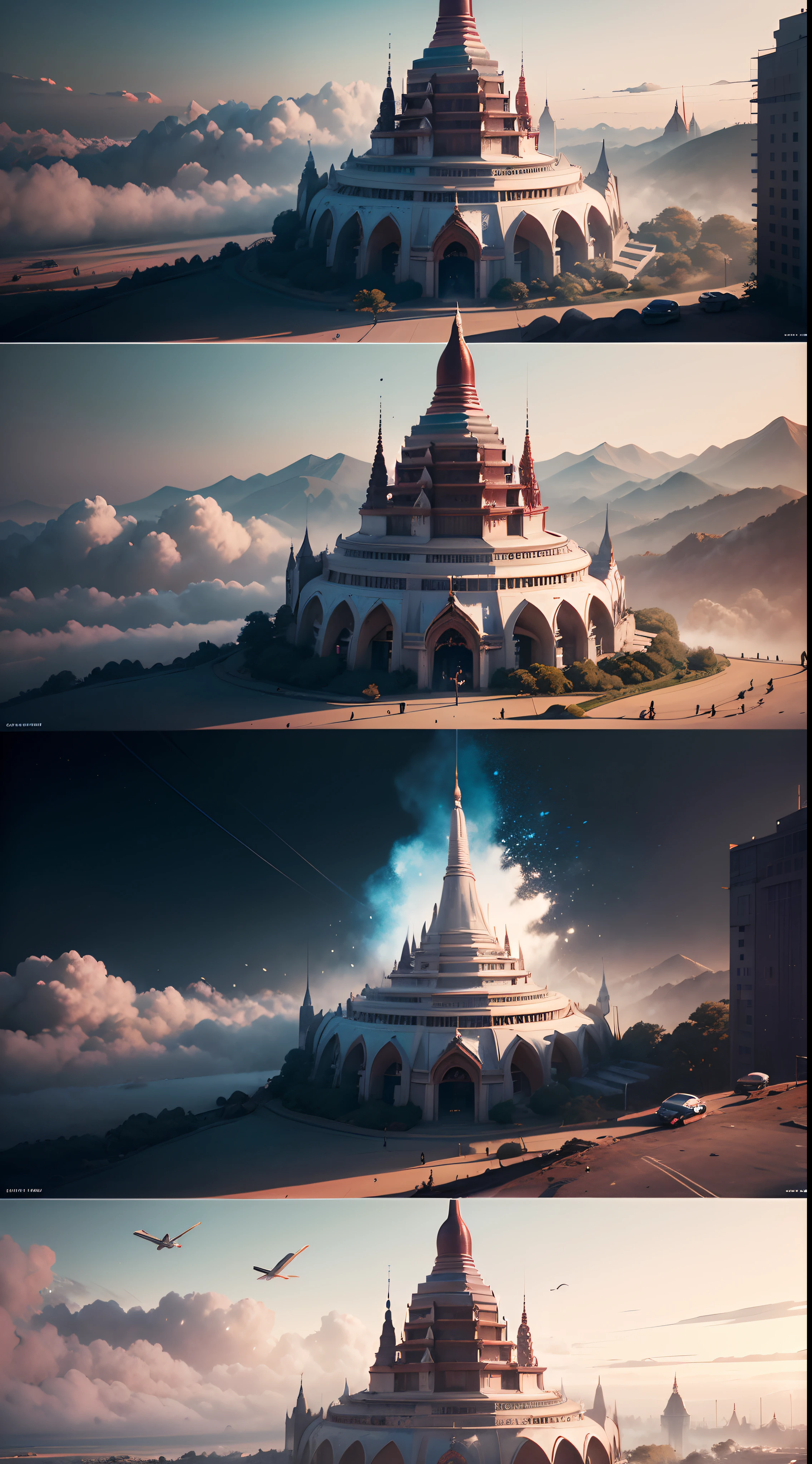 Create a cinematic official grade illustration digital art of"Burma futuristic Bagan city" in a lavishly Myanmar futurism landscape artwork style, advanced technologies like anti-aliasing (FKAA, TXAA), real-time ray tracing (RTX), and screen-space ambient occlusion (SSAO), our visuals are incredibly realistic and visually striking. To add depth and intricacy, we incorporate artistic elements such as cell shading, tone mapping, CGI, VFX, and SFX. Collaborating with renowned artists Carne Griffiths and Wadim Kashin, we infuse their unique artistic styles into our work, resulting in a harmonious blend of their vision and the inherent beauty of our subjects. By presenting the women on a clean white background, we accentuate their elegance and grace.