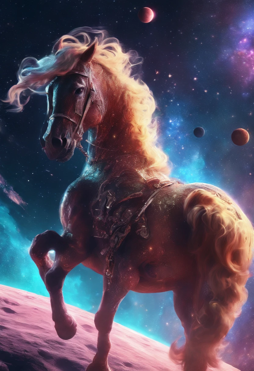 Cosmic horse pintura fosca detalhada, cor profunda, genial, detalhes intrincados, tela inicial, cores complementares, arte conceitual de fantasia, 8k resolution trending on Artstation Unreal Engine 5