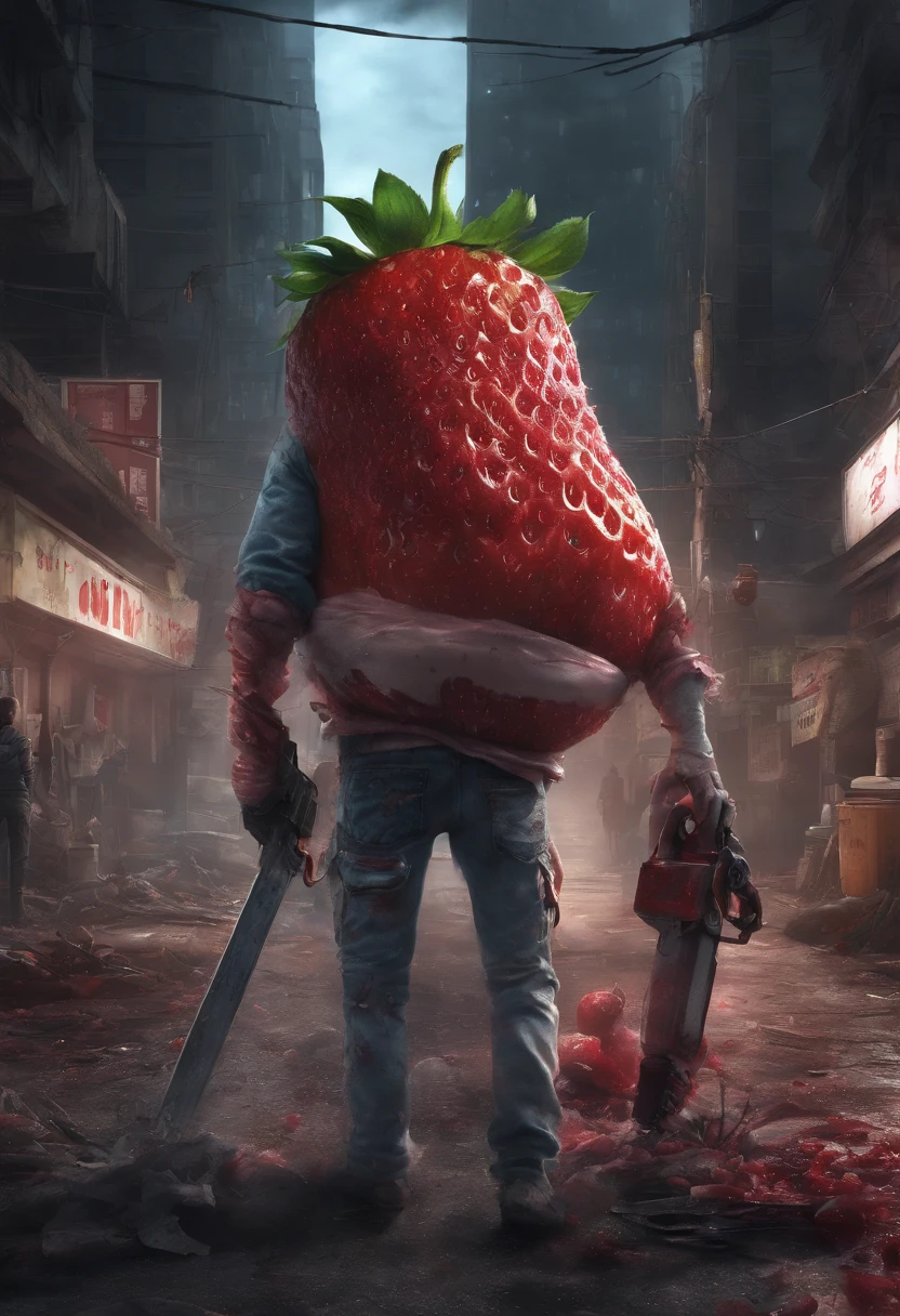An Anime masterpiece a Humanoid Strawberry with a Psycho face, Holding a Chainsaw, Fighting Humanoid Zombie Fruits in a City at night, HD , Cinematic, terror, horror, Blood