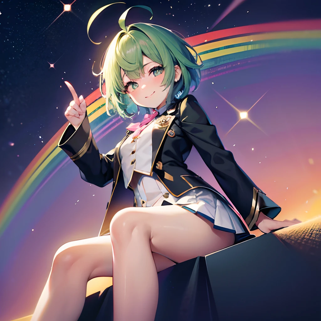 超A high resolution, Best aesthetic, Top quality depiction of the foot, Put on a jacket,  Green and blue hair on the back, Flat Avatar,  Anime visuals of cute girls, Cute art style, Chibi,  Shorthair, Ahoge, is shy, A smile, hair adornments,Chest out, absurderes, superfine illustration,rainboweffect, hight resolution, ultra-detailliert,Light diffusion,highly detailed light reflection, Kaleidoscope, Harmonious, Best Shadow, highly detailed very beautiful big smile face, beautiful growing crystal diamond star pupil,look at viewr, beautiful detailed hair, Solo, Dynamic Pose, beautiful detailed pink and black ribon, beautiful detailed High school uniform, Fantastic and sparkling throughout、Shooting stars and windy background detail background