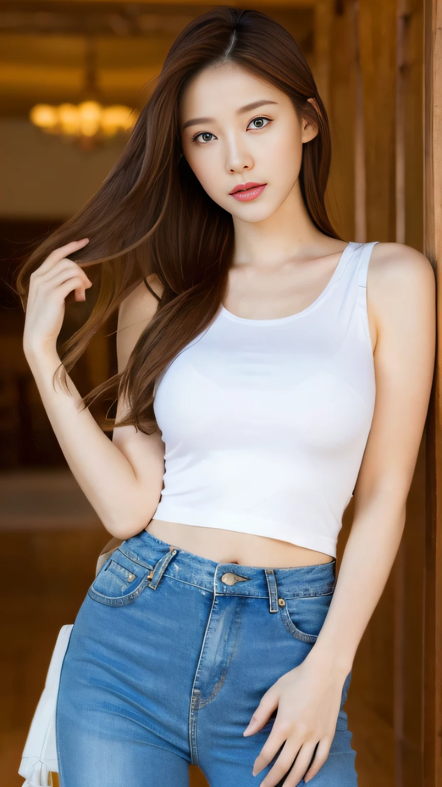 （Lifelike， A high resolution：1.3）， 1 girl with a perfect body， Super fine face and eyes，long whitr hair， Tank top of random colors：1.2， short jeans pants， Bigboobs，