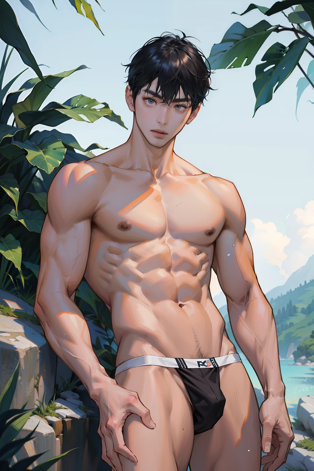 A Korean man, Slim body , Pale Asian skin, good eyes, Detailed body, Detailed face, Wear white thongs, Bare lower body, Good outdoor lighting, sexyposture, Good expression , Sexy but cute, No strange poses, No beard, ,Only skinny thongs, A handsome face like a K-pop idol, Topless