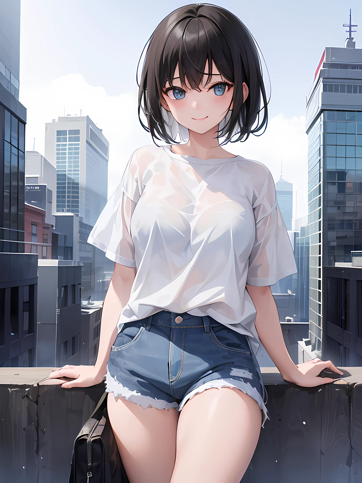 1girl, short black hair, shy smile, blue eyes, wearing plain white shirt, denim shorts, city, absurdres, high res, ultrasharp, 8K, masterpiece, looking at viewer