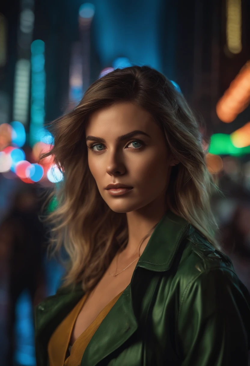 A tenacious female journalist uncovering a high-stakes conspiracy in a bustling metropolis, weaving through crowded streets and dark alleyways, close up, Detailed clothes, green eyes, flowing hair, determined expression, shiny glossy skin, subsurface scattering, (sharp:0.7), [(colorful explosion psychedelic paint colors:1.21)::0.05], amazing fine detail, Nikon D850 film stock photograph Kodak Portra 400 camera f1.6 lens, rich colors, lifelike texture, dramatic lighting, urban environment, skyscrapers, neon signs, street vendors, dynamic composition, unreal engine, trending on ArtStation, cinestill 800 tungsten