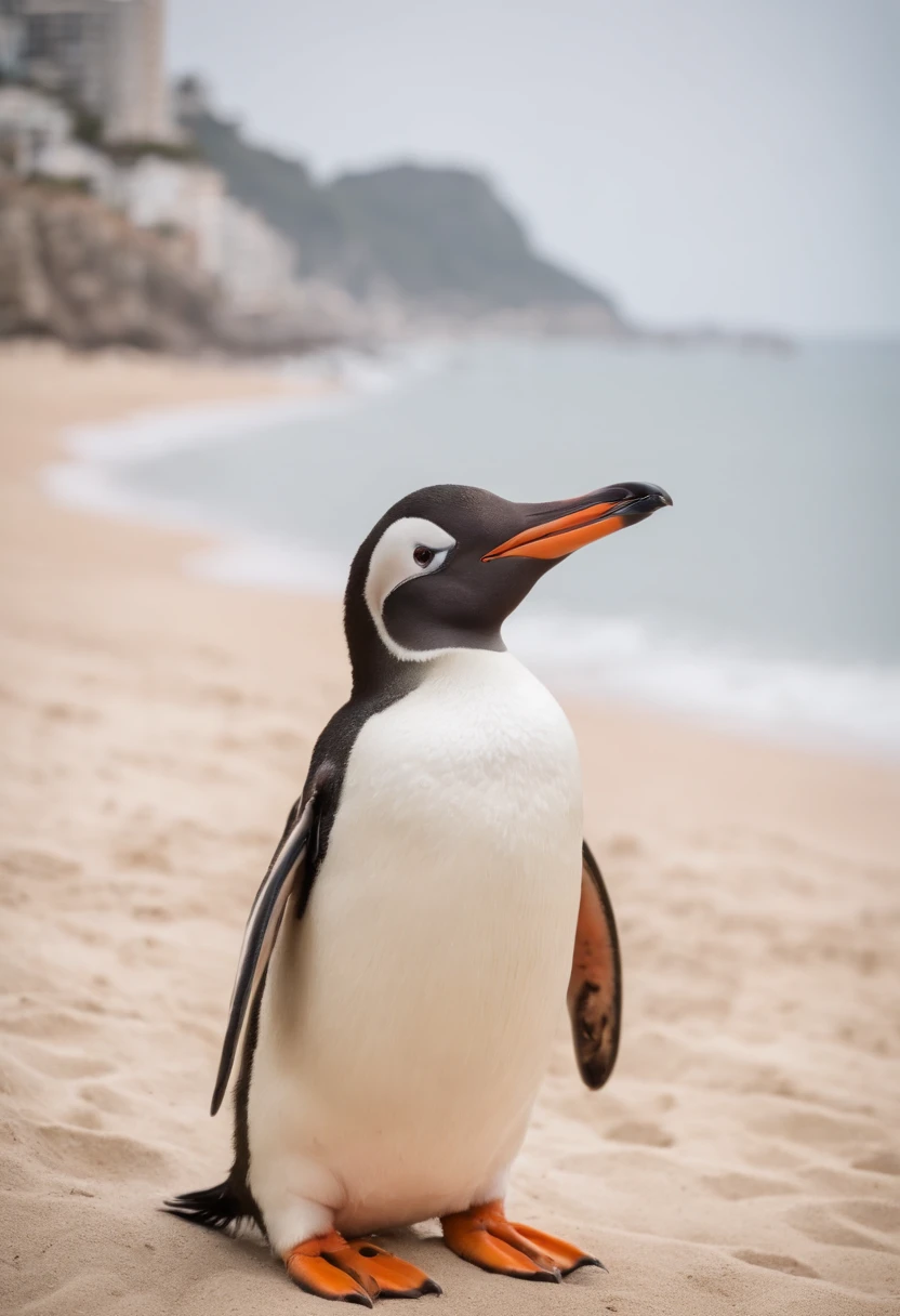 Pinguim rei usando fones de ouvido e um microfone. Cold scenery. Praia de copacabana. Pessoas com roupas de inverno ao fundo. Neve caindo. day lighting
