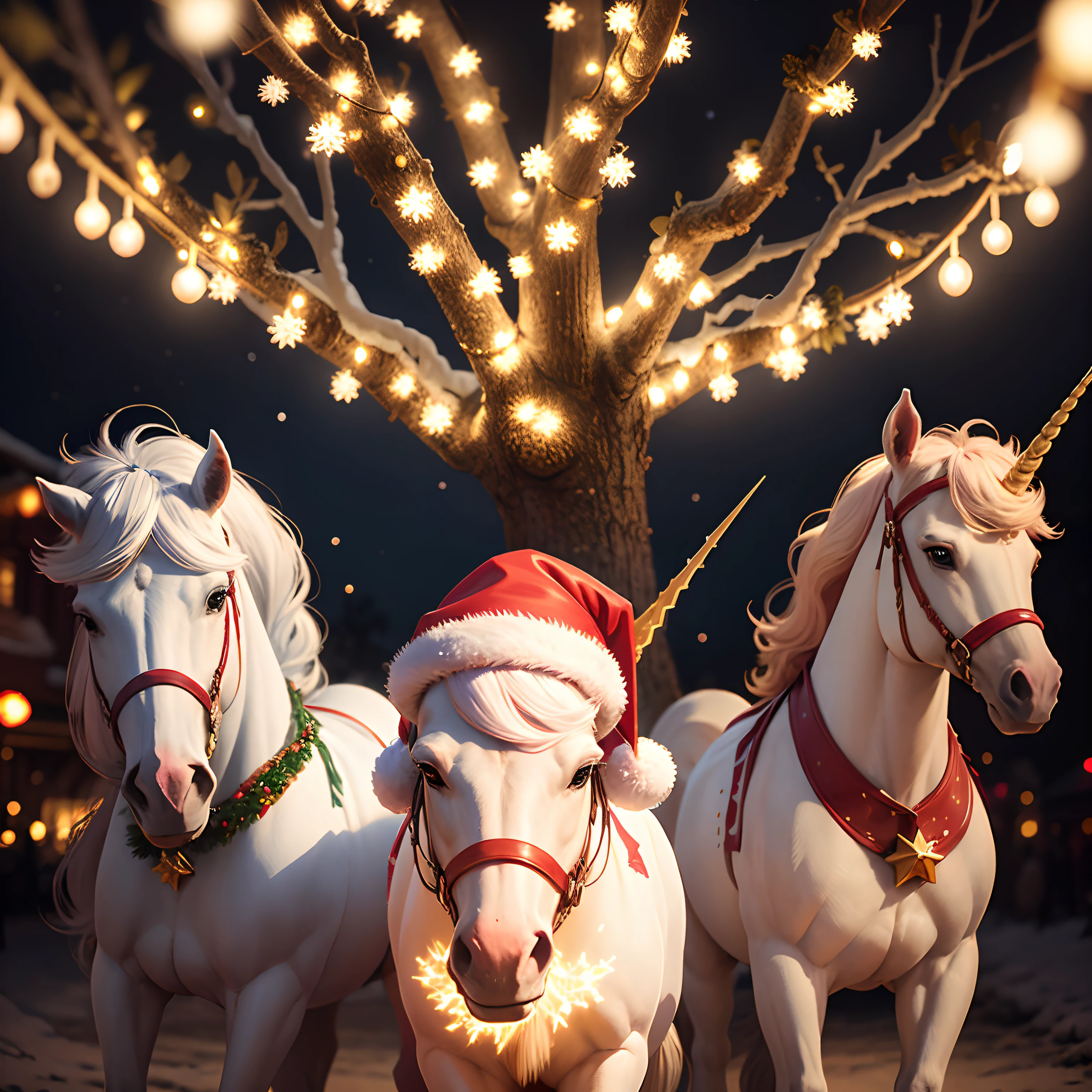 cartoon unicorns tangled in Christmas Lights and wearing Santa hats