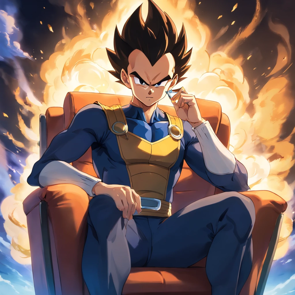 Vegeta usando um terno preto com um cigarro na boca, sitting in a chair that highlights your power and influence, masculino, Dragon ball