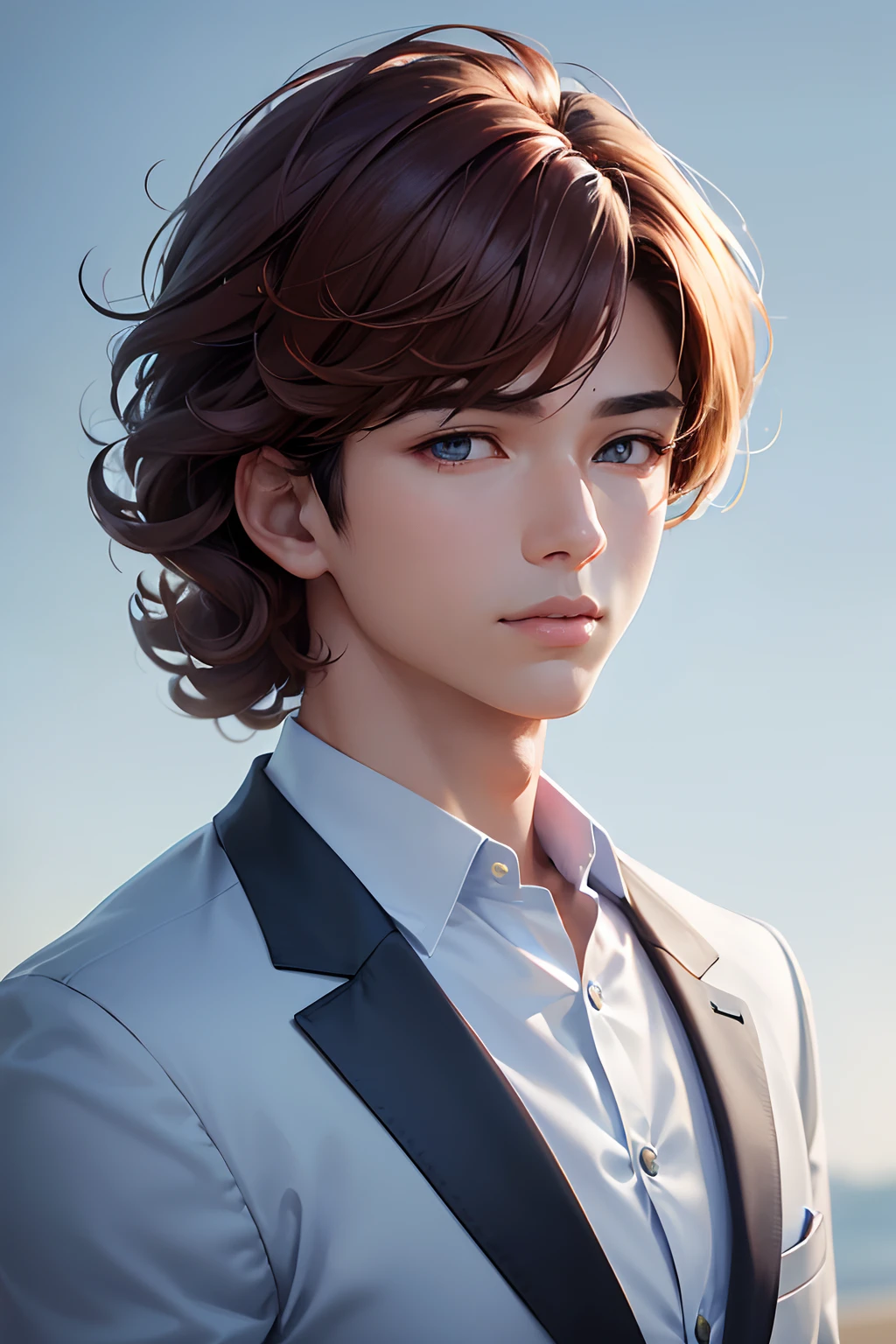 "(best quality,4k,8k,highres,masterpiece:1.2),ultra-detailed,(realistic,photorealistic,photo-realistic:1.37), manhwa art asian 17 year old boy, warm light tanned skin, reddish brown hair, fluffy unruly curly hair, bangs, small slanted eyes, light icy blue eyes, small smile on face, plump lips, light icy blue irises, comforting gaze, flirty but mysterious character, wearing a white school blazer with school logo on it, 8k, detailed features, extremely beautiful asian face features, very handsome boy, dreamy look on face, bright lighting, blurred background