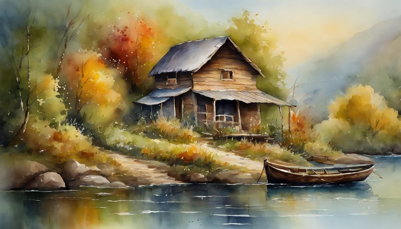 There are a old hut beside the river, a fishing boat near hut over the water, ducklings are swimming near the boat, flowers are blooming beside the hut, an old man smoke and sitting in front of the hut.