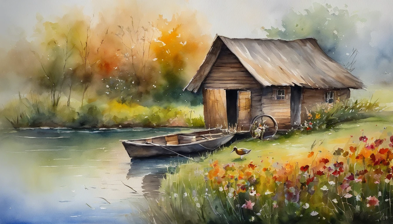 There are a old hut beside the river, a fishing boat near hut over the water, ducklings are swimming near the boat, flowers are blooming beside the hut, an old man smoke and sitting in front of the hut.