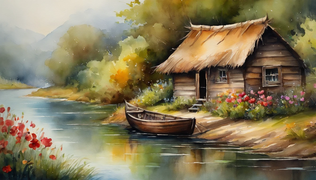 There are a old hut beside the river, a fishing boat near hut over the water, ducklings are swimming near the boat, flowers are blooming beside the hut, an old man smoke and sitting in front of the hut.