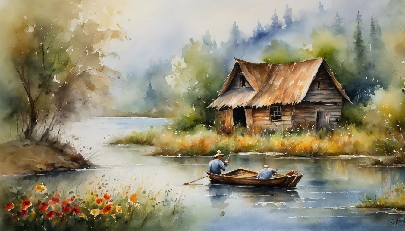 There are a old hut beside the river, a fishing boat near hut over the water, ducklings are swimming near the boat, flowers are blooming beside the hut, an old man smoke and sitting in front of the hut.