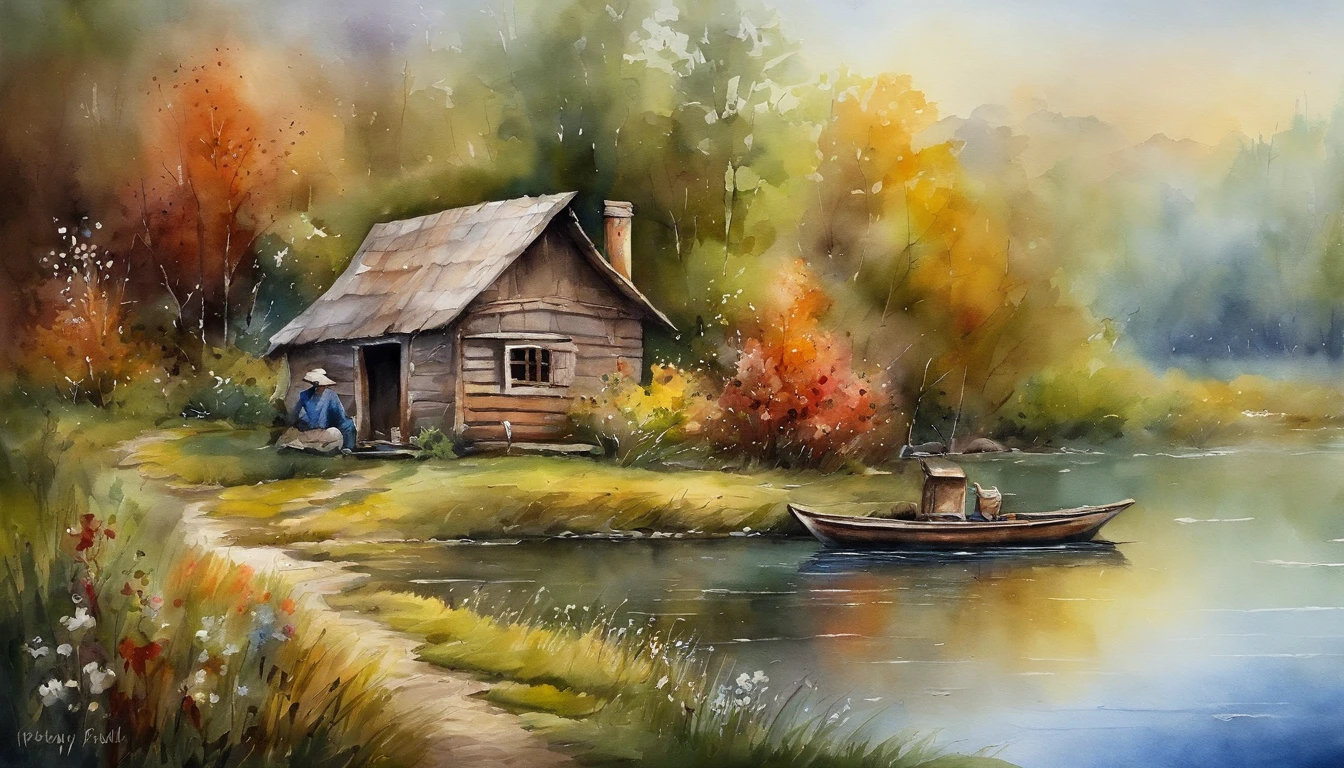 There are a old hut beside the river, a fishing boat near hut over the water, ducklings are swimming near the boat, flowers are blooming beside the hut, an old man smoke and sitting in front of the hut.