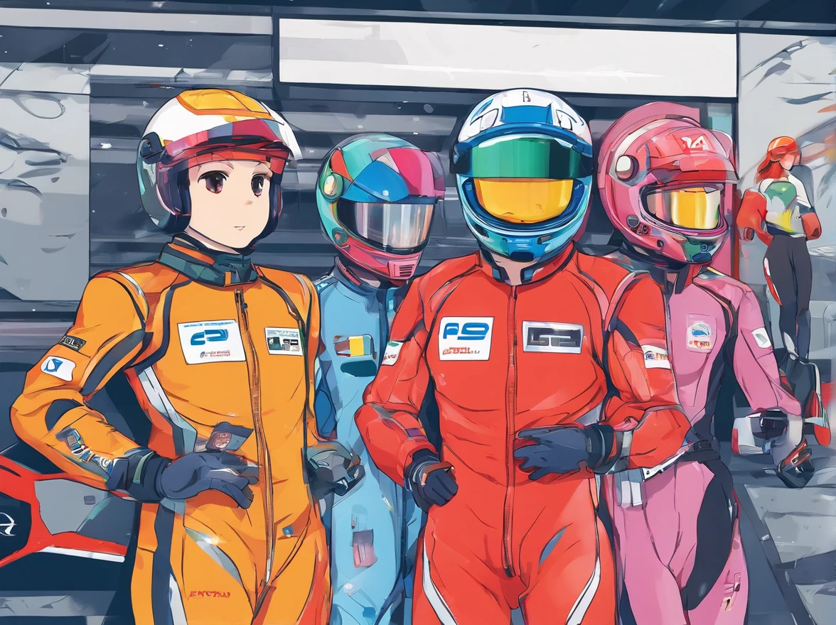 Three cartoon characters are walking on a track with helmets, Nova corrida de IA, Alien racing drivers, f 1, race, helmet instead of a head, helmet is off, Pilotos, Ferrari, formula 1, Carros de F1 desfocados no fundo, 🔞🤡, 🐋 as 🐘 as 🤖 as 👽 as 🐳, Official modern animation, cognitohazard