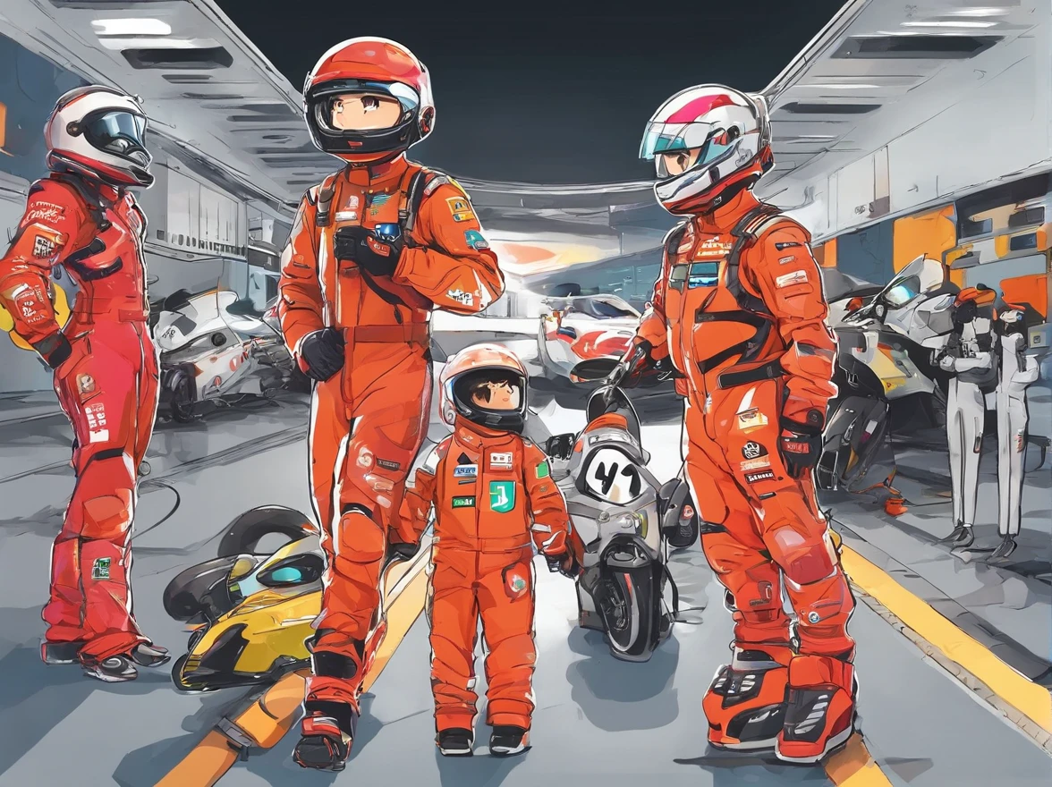 Three cartoon characters are walking on a track with helmets, Nova corrida de IA, Alien racing drivers, f 1, race, helmet instead of a head, helmet is off, Pilotos, Ferrari, formula 1, Carros de F1 desfocados no fundo, 🔞🤡, 🐋 as 🐘 as 🤖 as 👽 as 🐳, Official modern animation, cognitohazard