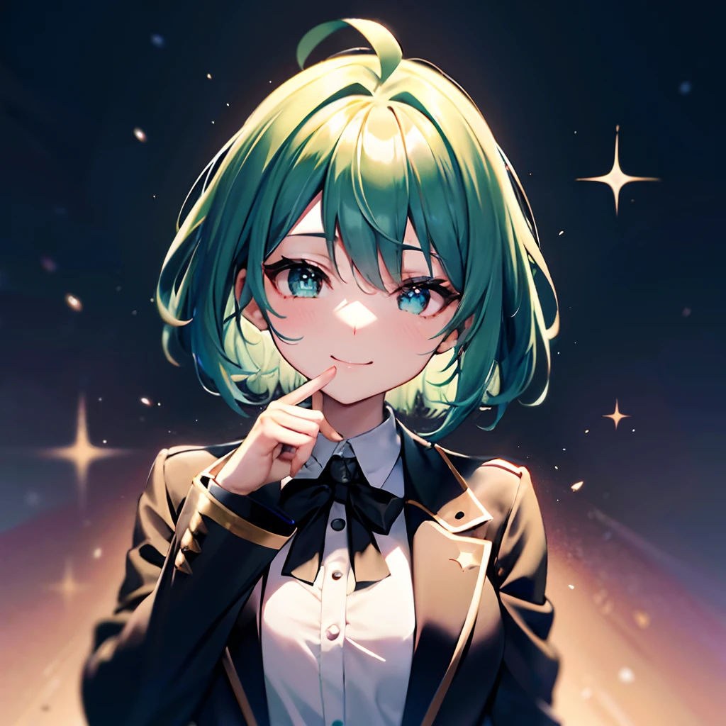 超A high resolution, Best aesthetic, Top quality depiction of the foot, Put on a jacket,  Green and blue hair on the back, Flat Avatar,  Anime visuals of cute girls, Cute art style, Chibi,  Shorthair, Ahoge, is shy, A smile, hair adornments,Chest out, absurderes, superfine illustration,rainboweffect, hight resolution, ultra-detailliert,Light diffusion,highly detailed light reflection, Kaleidoscope, Harmonious, Best Shadow, highly detailed very beautiful big smile face, beautiful growing crystal diamond star pupil,look at viewr, beautiful detailed hair, Solo, Dynamic Pose, beautiful detailed pink and black ribon, beautiful detailed High school uniform, Fantastic and sparkling throughout、Shooting stars and windy background detail background