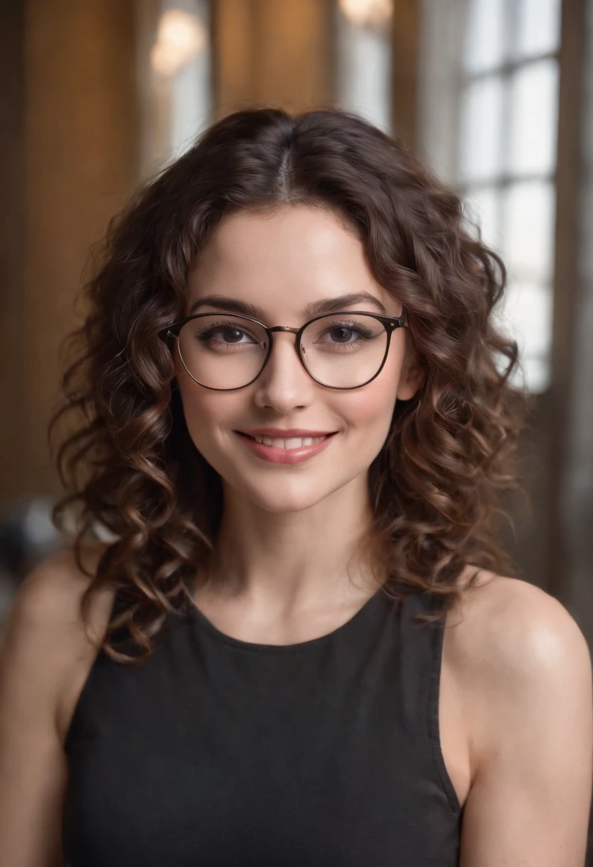 attractive woman, curly brunette hair, glasses, nice smile, gym rat