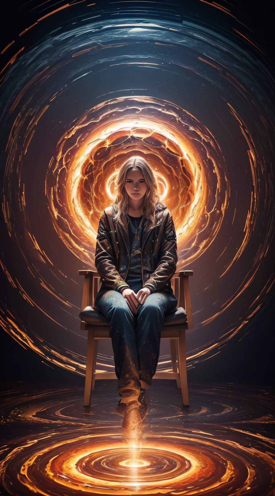 (a person sitting in Montauk Chair),(oil painting),(swirling vortexes),(time travel),(dimension-hopping),(best quality,4k,8k,highres,masterpiece:1.2),(ultra-detailed),(realistic,photorealistic,photo-realistic:1.37),(HDR),(studio lighting),(vivid colors),(portraits),(cool color tones),(soft diffused lighting)