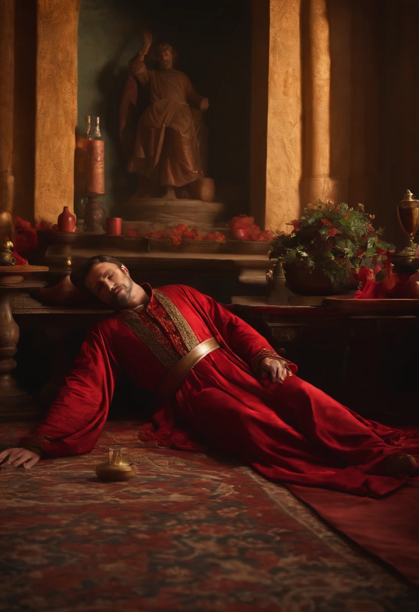 a realistic image of a man lying on the ground in ancient imperial robes and a poisoned glass of wine next to him