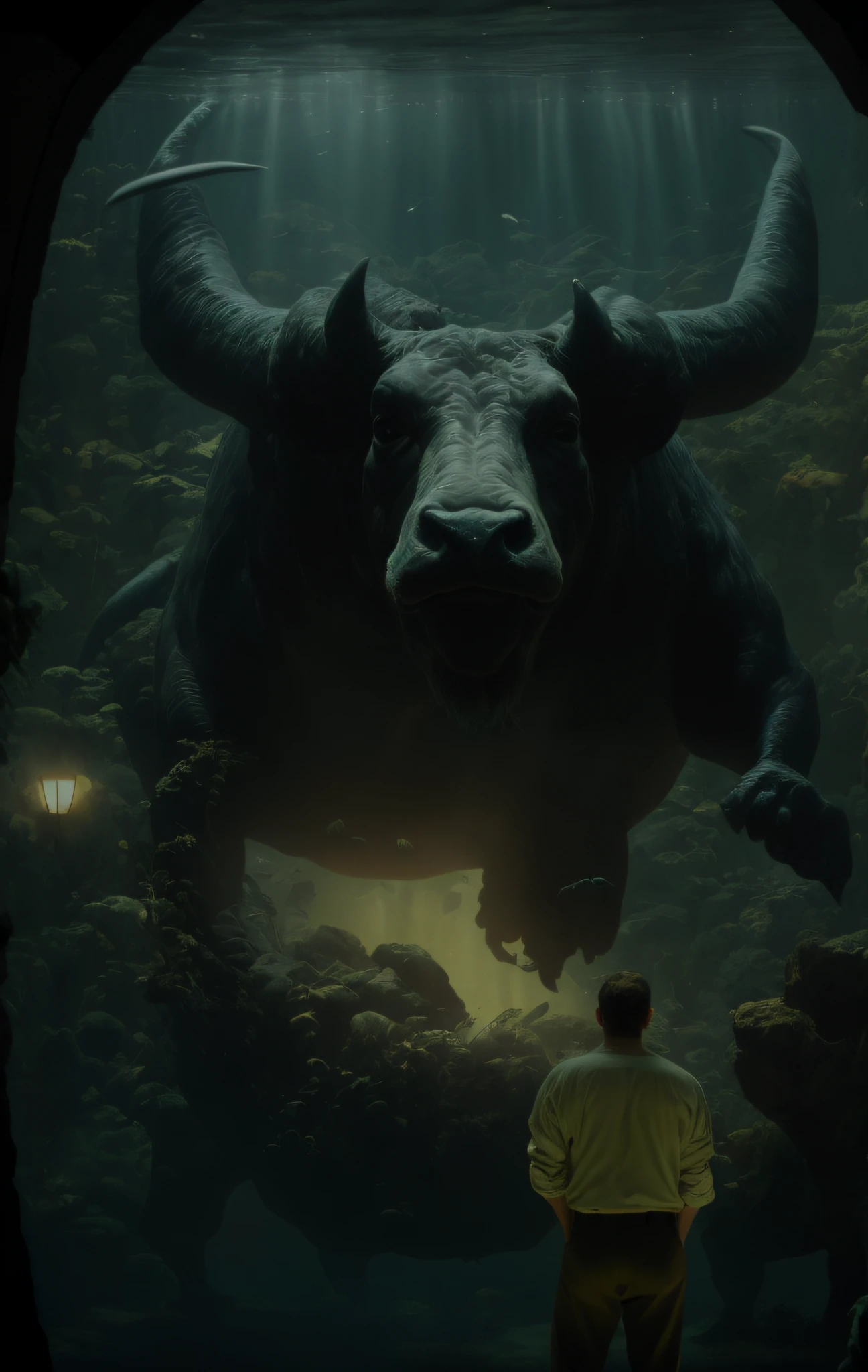 There is a man standing in front of a large bull, ainda de um filme de fantasia, Beeple e Jean Giraud, 3D render e pintura fosca, estilo fantasia 8 k octane render, Tiro VFX, filme ainda 8K, giant ethereal creature, fantasy and cosmic horror movie, arte fantasia behance, Tinta escura 8K, Tinta escura 8K