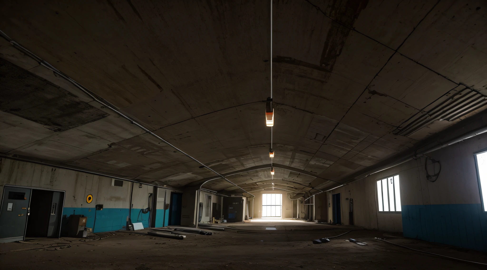 Generate a surreal scene beneath Montauk Air Force Station, showcasing a hidden underground lab with advanced scientific equipment and eerie lighting."