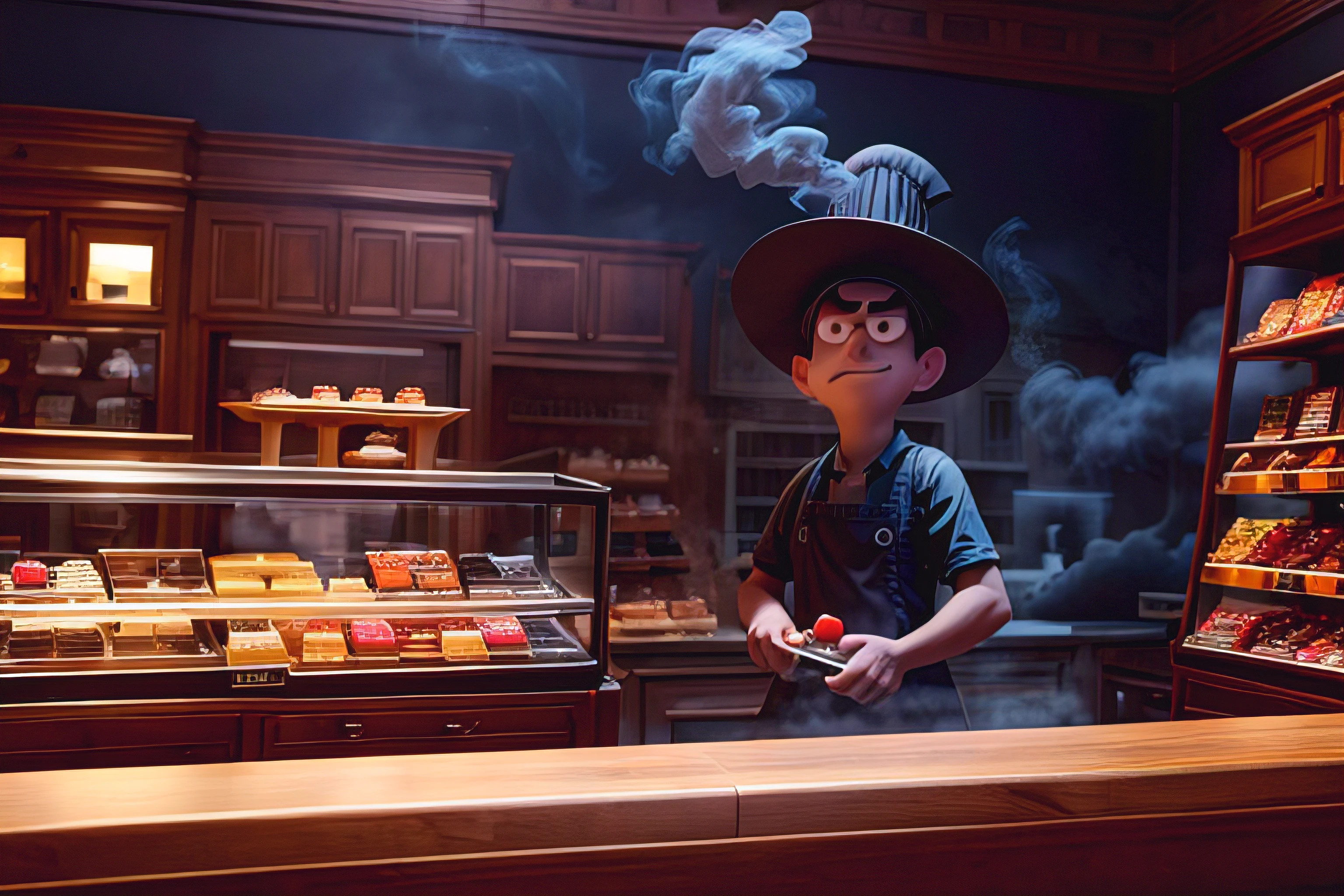 pixar style, a (shadowy smoke monster) posing as a (confectioner) behind a register on a counter in a candy shop, chef-hat, (low angle), detailed, high resolution, high quality, 8k, high saturation, ominous, hiding in plain sight