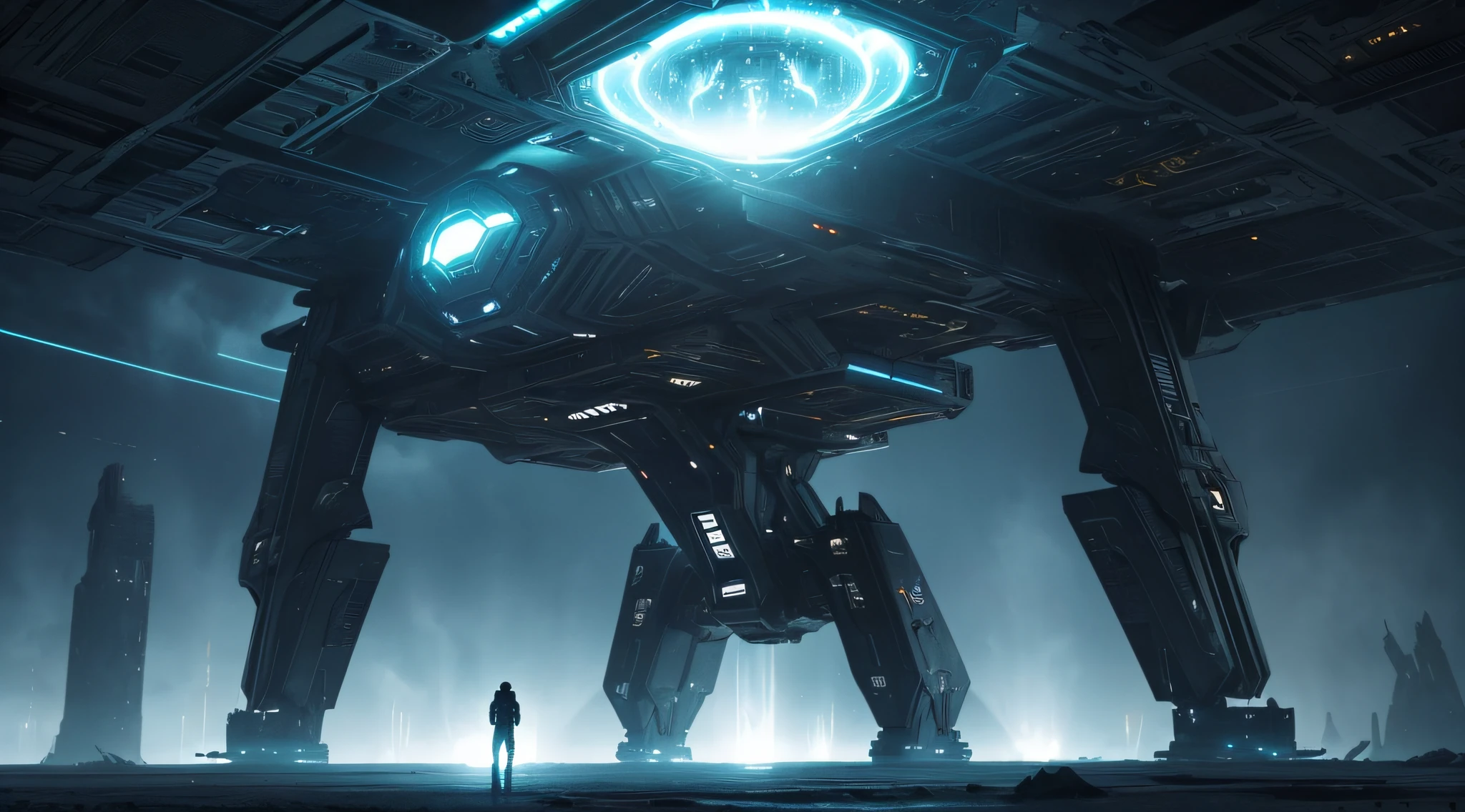 stark alien spaceship, mysterious glowing lights, futuristic design, advanced technology, hovering over Montauk station, extraterrestrial beings emerging, otherworldly creatures, ethereal beauty, alien anatomy, unique features, telepathic communication, awe-inspiring, surreal atmosphere, intense emotions, dramatic composition, high contrast, vibrant colors, dynamic lighting, cinematic quality, intricate details, fine craftsmanship, photorealistic rendering, sci-fi concept art, epic encounter, adrenaline rush, palpable tension, supernatural energy, suspenseful narrative, breathtaking visuals, masterful artistic execution, extraordinary adventure, vivid imagination, immersive experience, mind-bending exploration, boundary-pushing creativity, beyond human comprehension, unforgettable masterpiece.