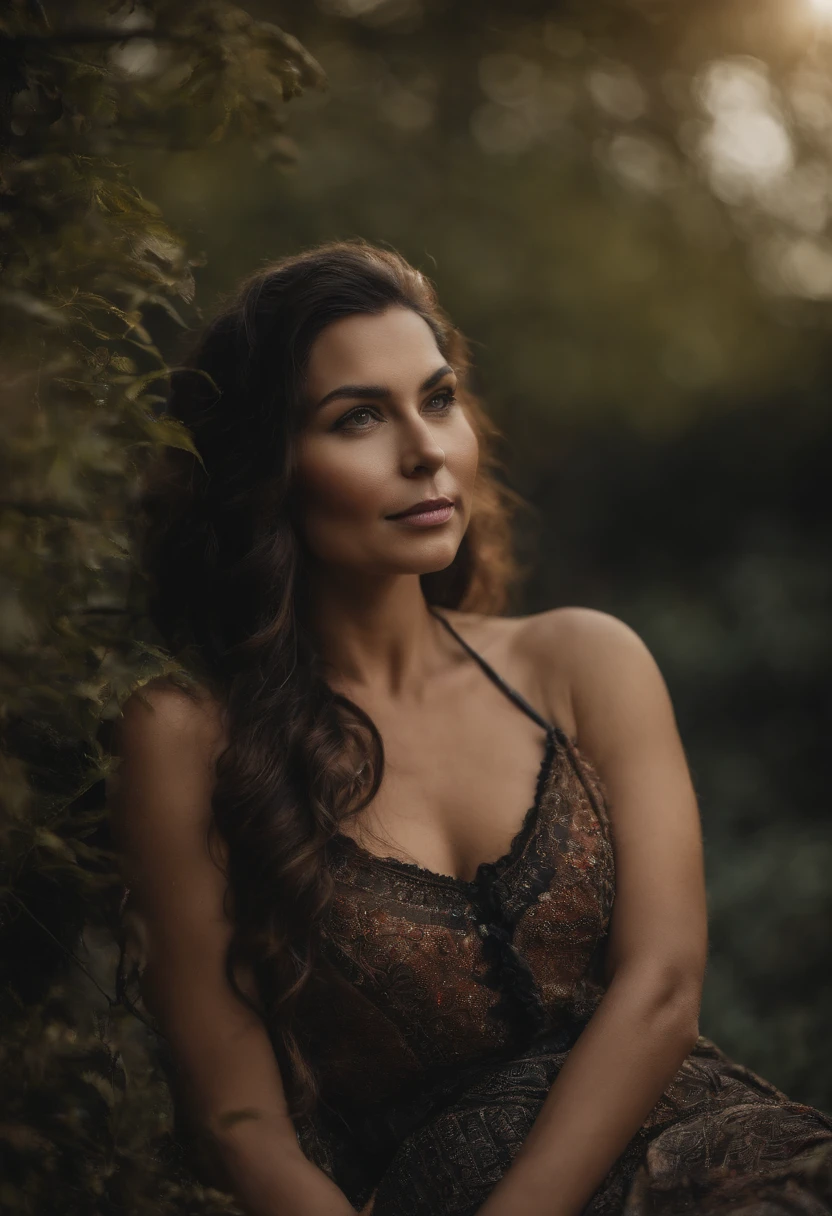 (Focus on the chest:1), Poster photo, Charming Sicilian goddess, (Beautiful face:1.3), Detailed eyes, lusciouslips, (d-cup breasts:1.0),Black lace bodice,(cleavage 1.3),Wavy hair,cinmatic lighting,gentlesoftlighting, 8K, High-density imaging,Master masterpieces
