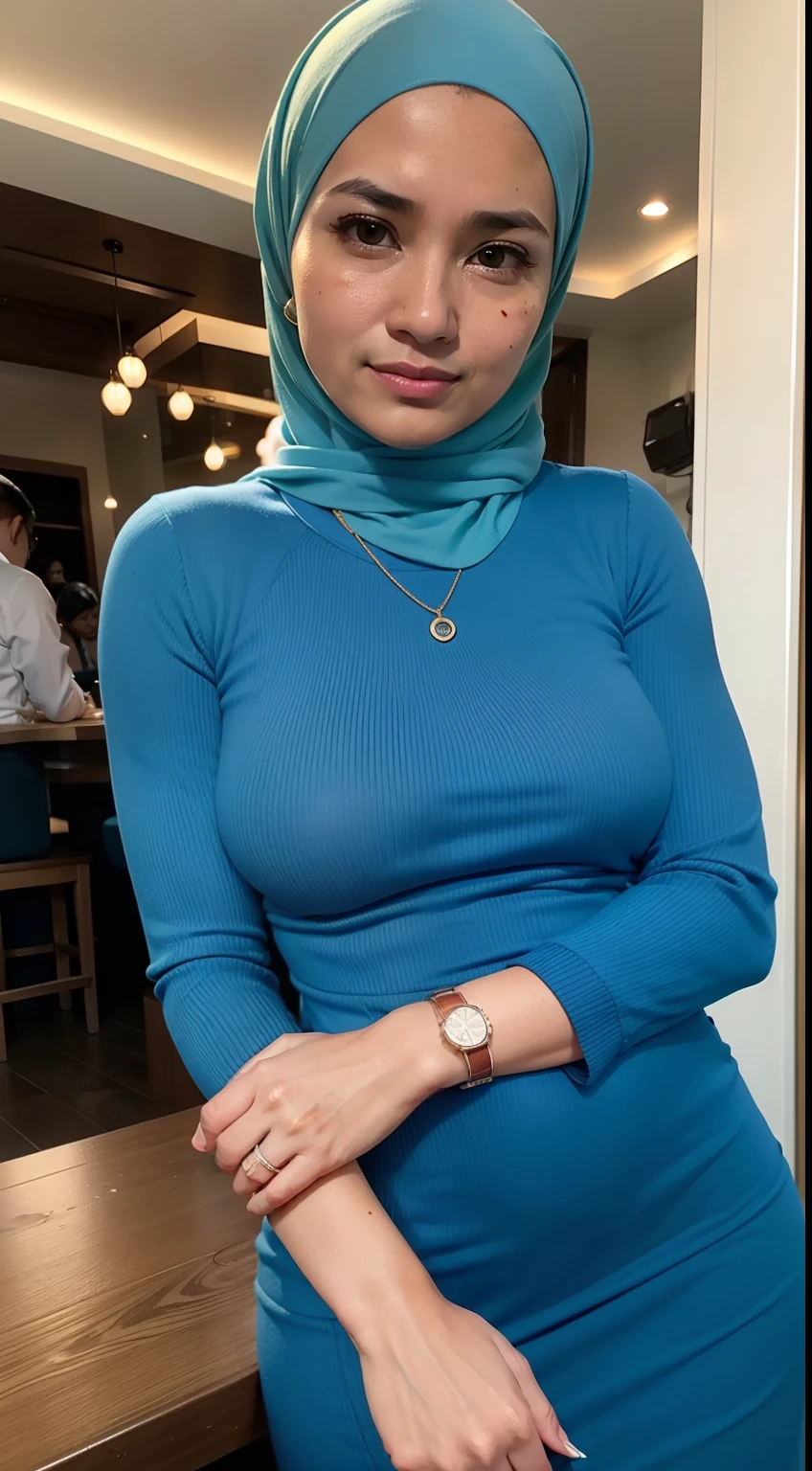 ((HIJAB STYLISH)), realisitic、(top-quality), matured malay women、Realistic 20 year old dark skin malay face girl, dark skin、wife, mother, (((beautiful nipple)))、Cleavage is fully exposed、Erotic panties、kitchen、messy kitchen, ((Sex in cowgirl position))、((Colossal tits:1.4)) 、((Very small face))、all-fours,Professional bright lighting、Leans forward heavily、Face kissing、erotick、((Chibi girl in loli))、Pale blue loose blouse、gym shorts, ((seduce face)), smile