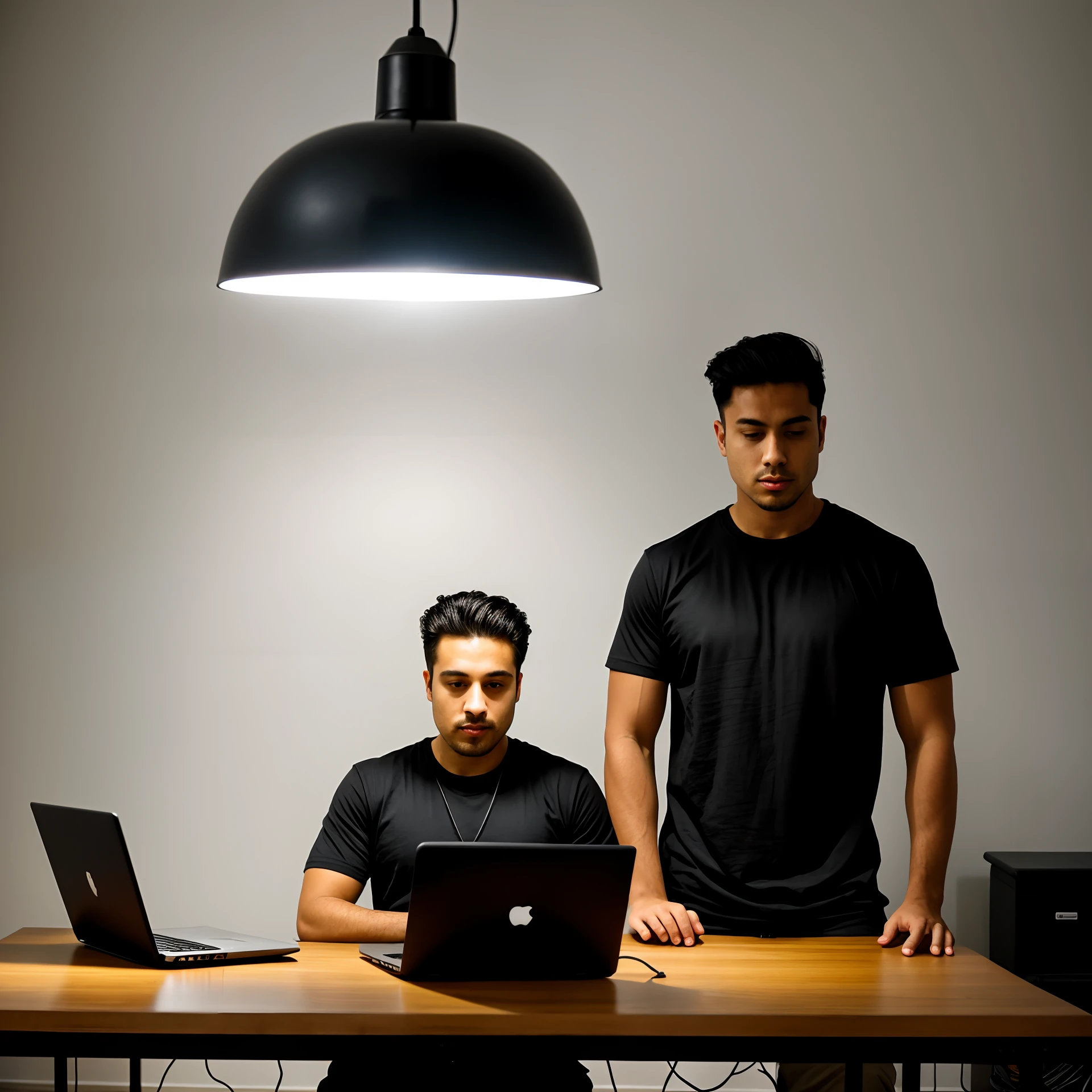 Man.Wearing a black tee sitting at a cool work desk with laptop and unique art. Dimly lit room.