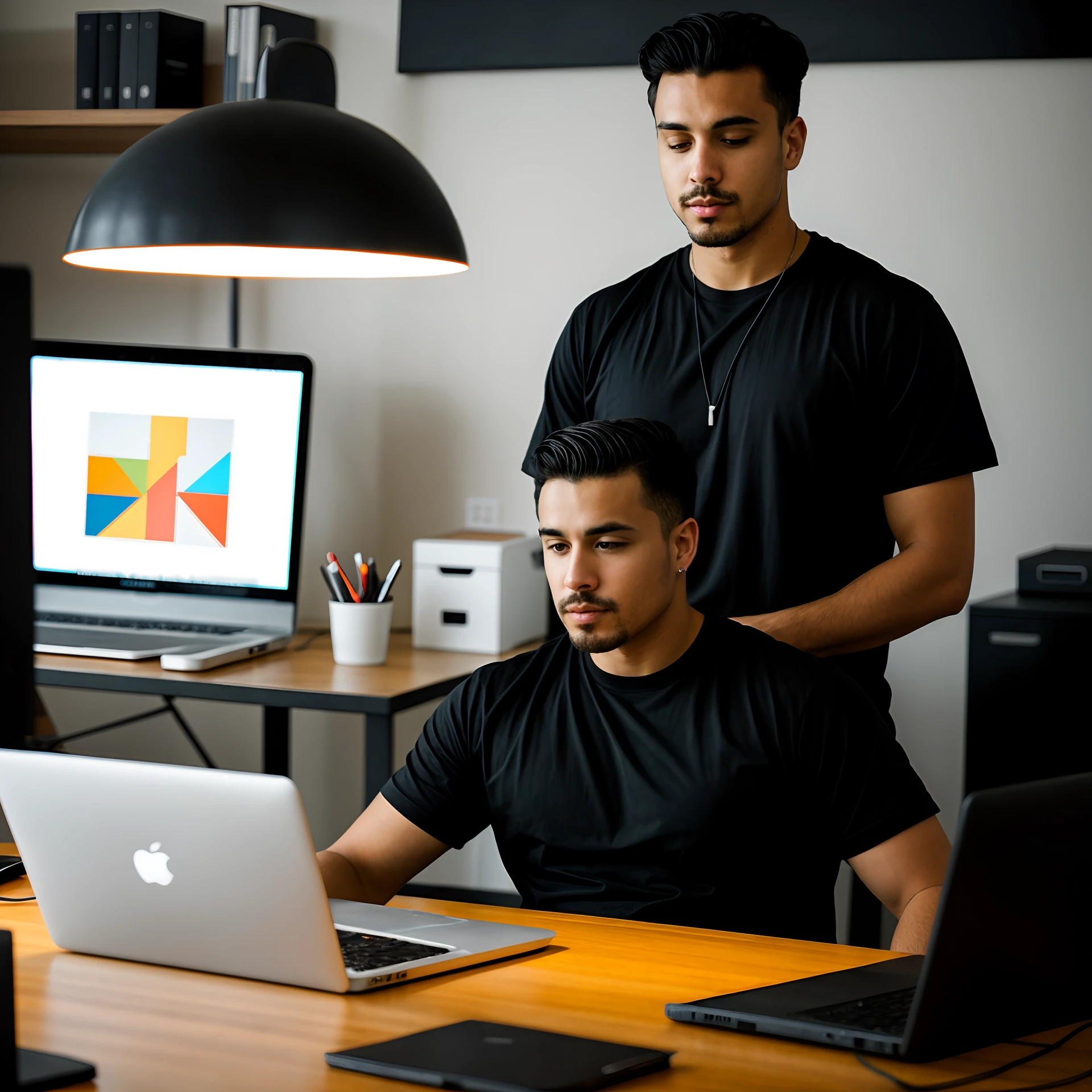 Man.Wearing a black tee sitting at a cool work desk with laptop and unique art. Dimly lit room.