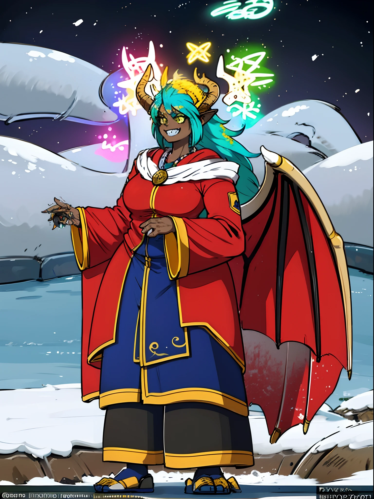 darkskinned-female, horns, dragon wings, ,pullover, pants,, full body, standing, long hair,sharpteeth, atomic, halo, robe, medieval clothing, smile