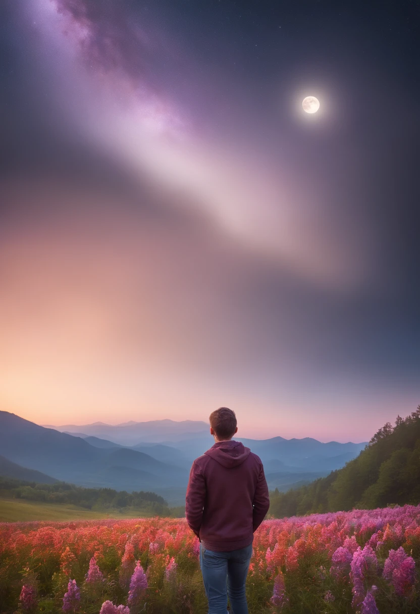 Vast landscape photos, (from below, the sky above, open fields below), a boy standing on a flower field looking up, (Full Moon: 1.2), (Meteor: 0.9), (Nebula: 1.3), Distant Mountains, Trees BREAK Making Art, (Warm Light Source: 1.2), (Firefly: 1.2), Lamps, Lots of Purple and Orange, Intricate Details, Volumetric Lighting BREAK (Masterpiece: 1.2), (Best Quality), 4K, Ultra Detailed, (Dynamic Composition: 1.4), Detailed, Colorful, (Iridescent: 1.2), (Glow, Atmospheric Lighting), Dreamy, Fantastic, (Solo: 1.2)