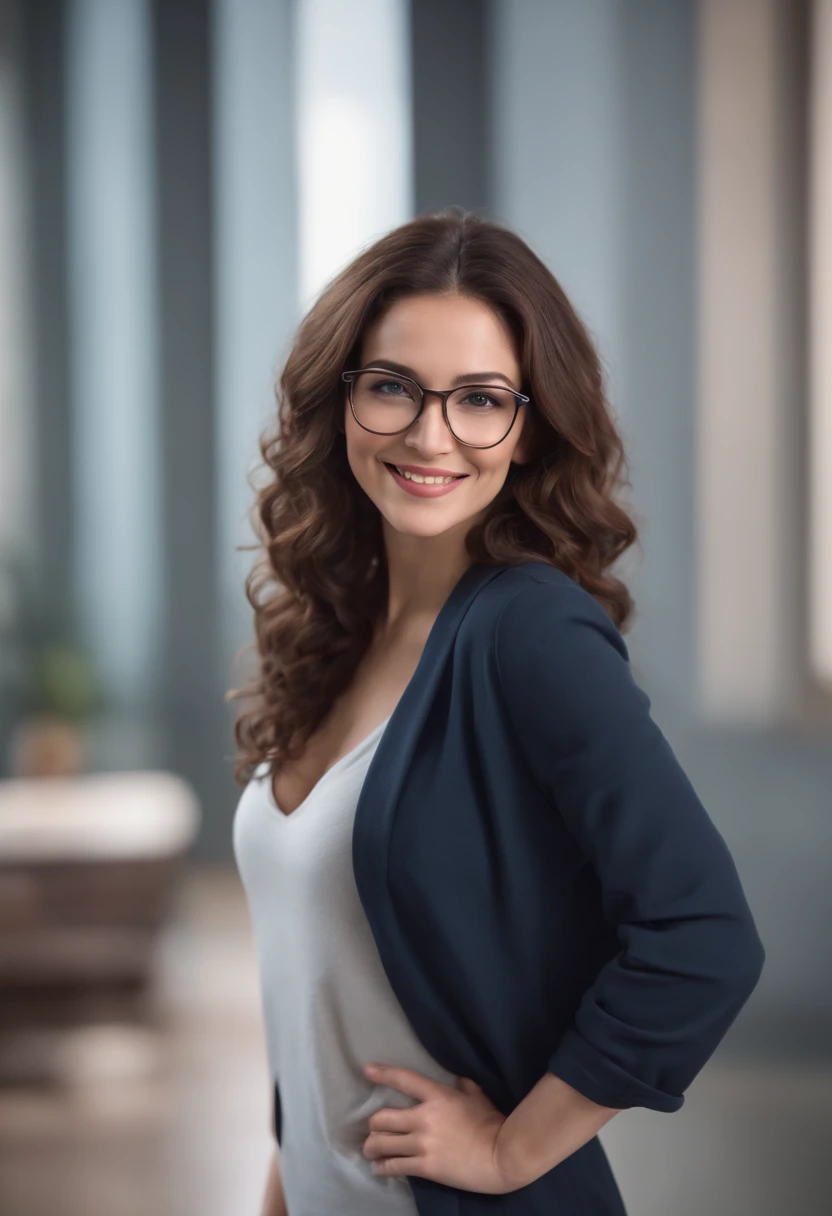 full body shot, attractive woman, curly brunette hair, glasses, nice smile, gym rat