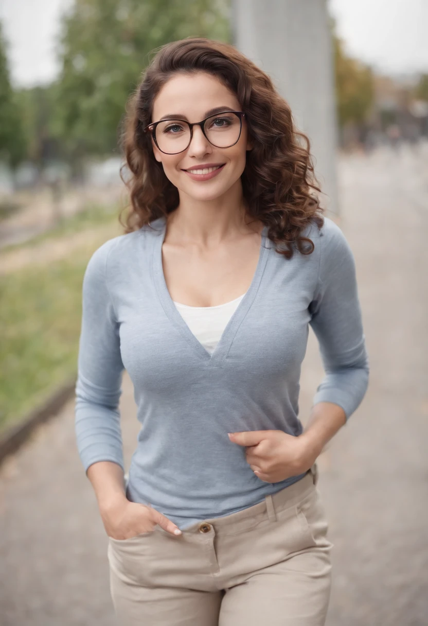 full body shot, attractive woman, curly brunette hair, glasses, nice smile, gym rat