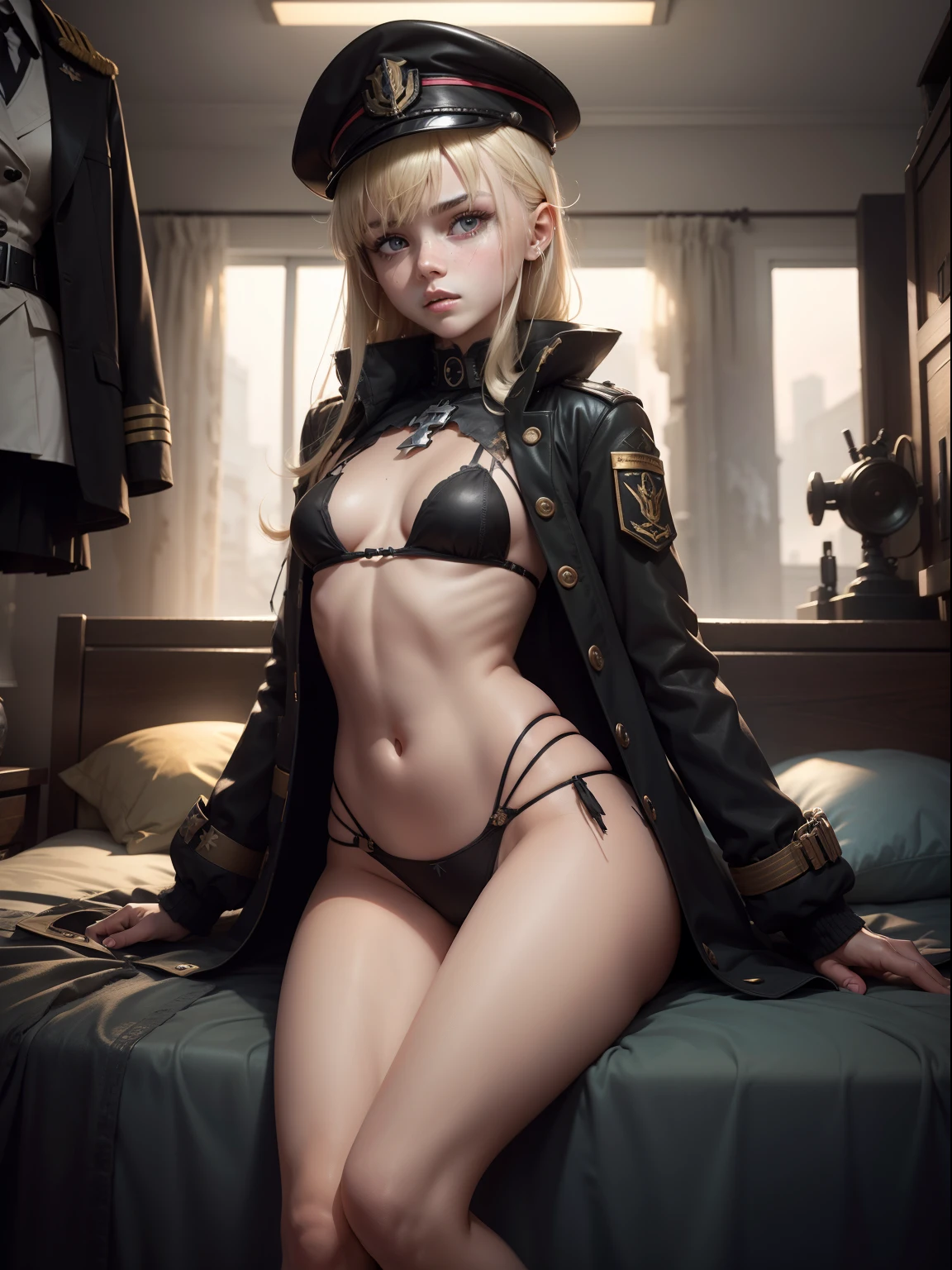 Destroyed towns,3 Ukrainian girls , Ukrainian anime girls , , Ukraine , Full body composition of young girl with messy bright blonde hair, eye make up, 13 year old, Soft lighting, Solo, Old torn dirty shabby futuristic military uniform, badges, Pose, Blotch color, Octane Render, Hyperrealistic intricate detail, Cinematic, 8K resolution, 70mm, Accent Lighting, Global Illumination, Full body portrait, clean detailed faces, intricate clothing, Cute face, flat chest, Slim waist, Slim legs, small hips,Black Special Forces Long Coat,Black beret,Lying in bed,Black panties,Lying in bed,relax,Touch the crotch with your right hand