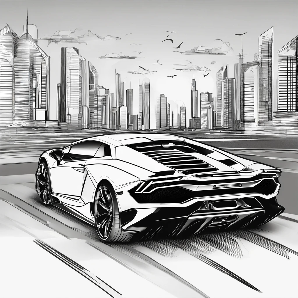 a lamborghini design in street and in the skylines in the background, illustration,