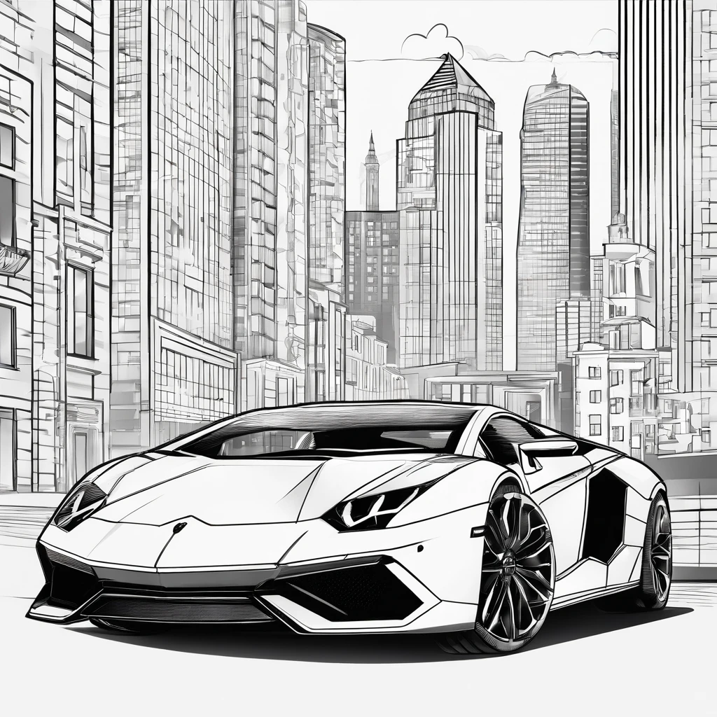 a lamborghini design in street and in the skylines in the background, illustration,