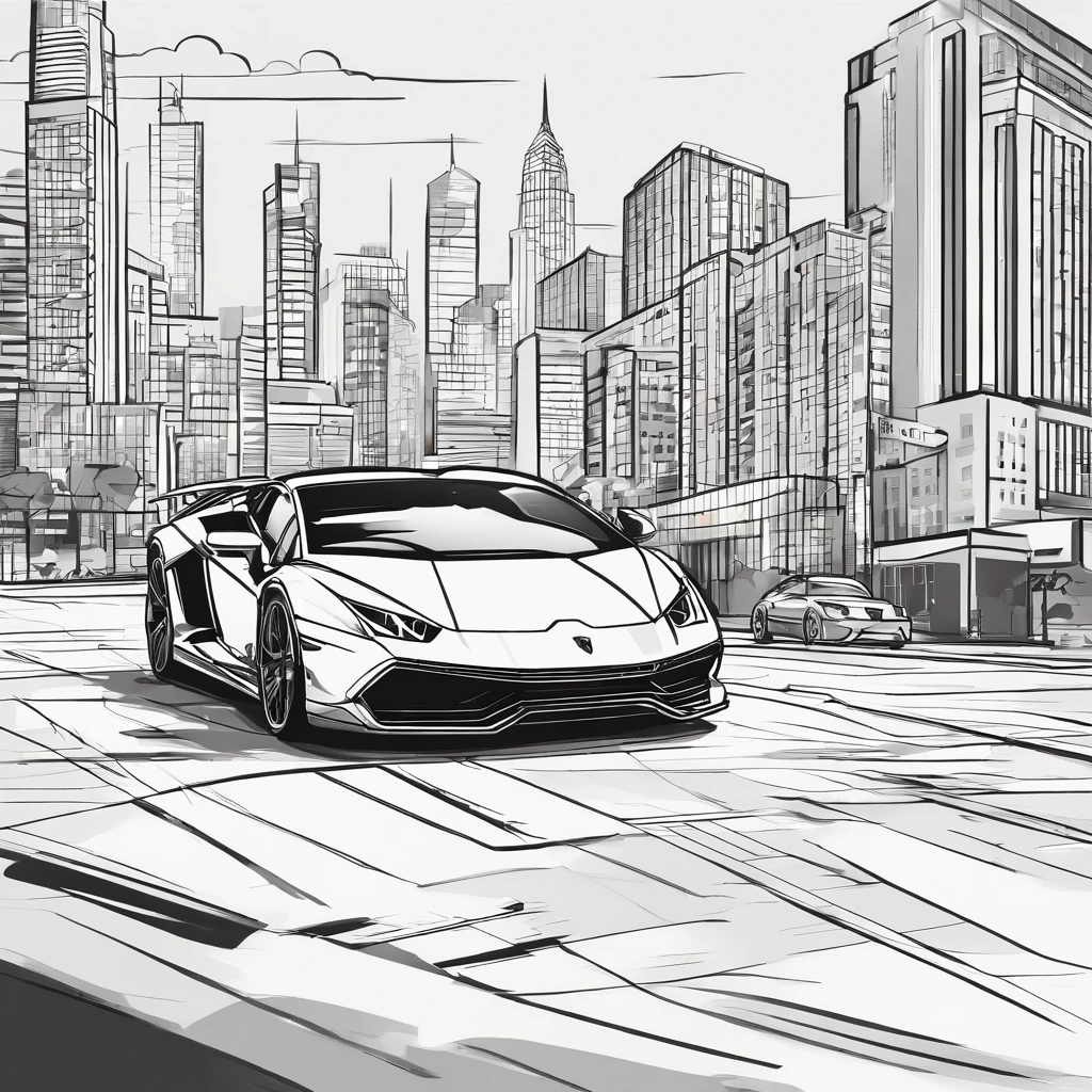 a lamborghini design in street and in the skylines in the background, illustration,