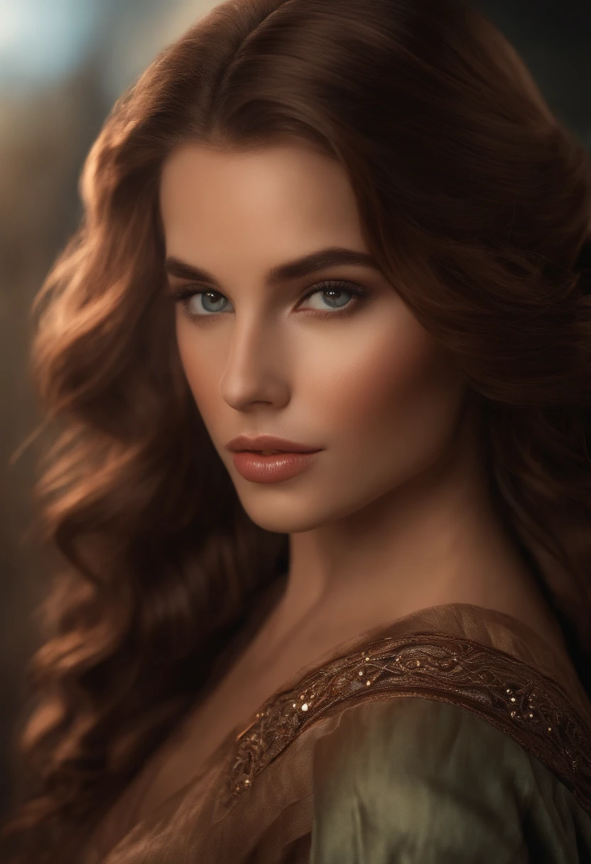 (best quality,realistic),1 beautiful face with detailed features,brown hair only, long and wavy,brown eyes with copper, wearing formal attire,young