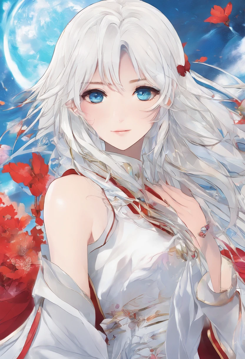 Kiana Kaslana,A girl with long white hair,8K,Delicate girl,Armed with a red giant sword,blue colored eyes,White clothes,Cute,Masterpiece,Top quality