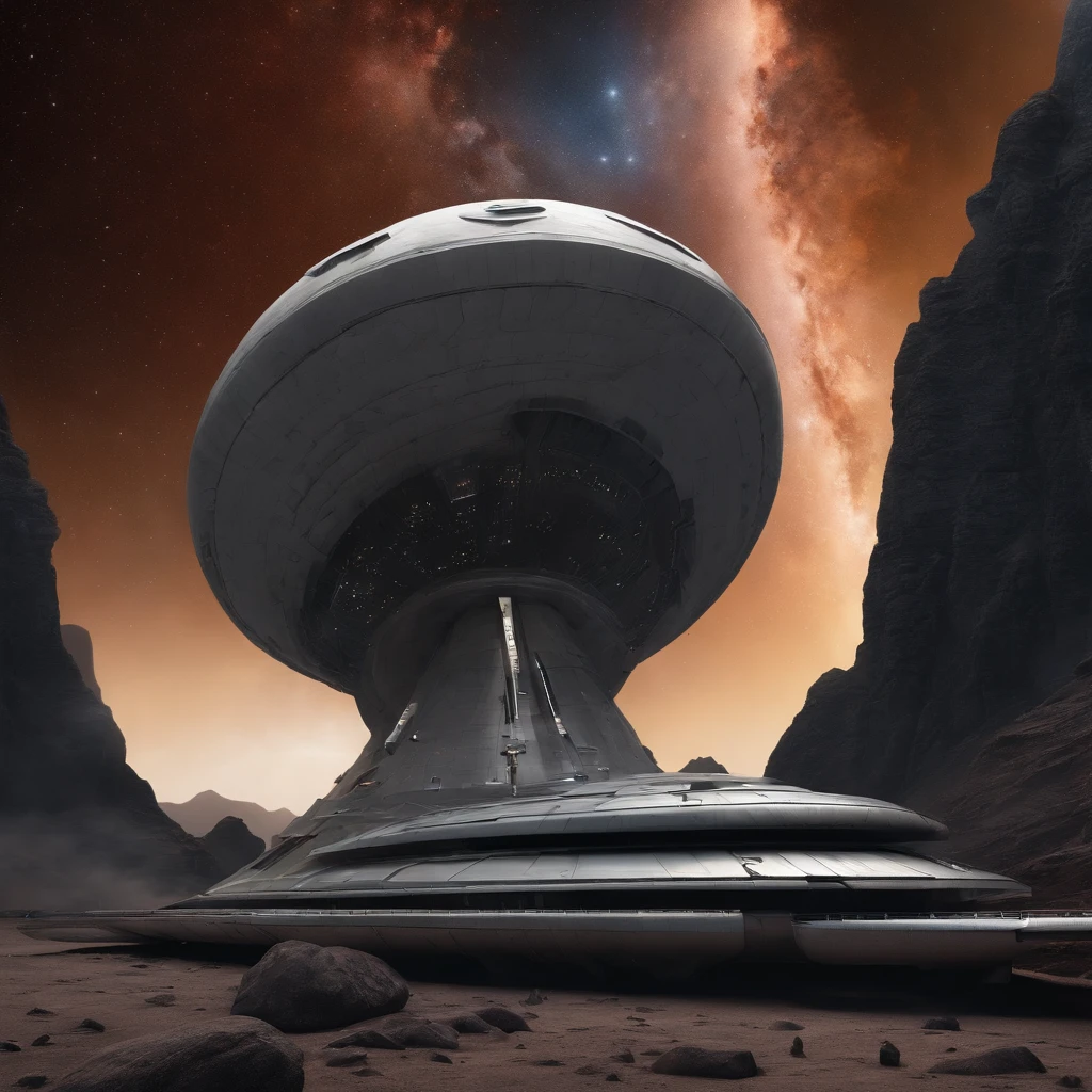 A huge spaceship,Conical type,Spiral outer wall structure,Detailed hull details,Full of art,Cosmic galaxy background,Doomsday scenario,Crumbling earth,a volcano erupts,energy blast,The fleeing spaceship,((Best quality)), ((Masterpiece)), (dramatic scene), (Epic composition:1.2), (CG animation:1.1)